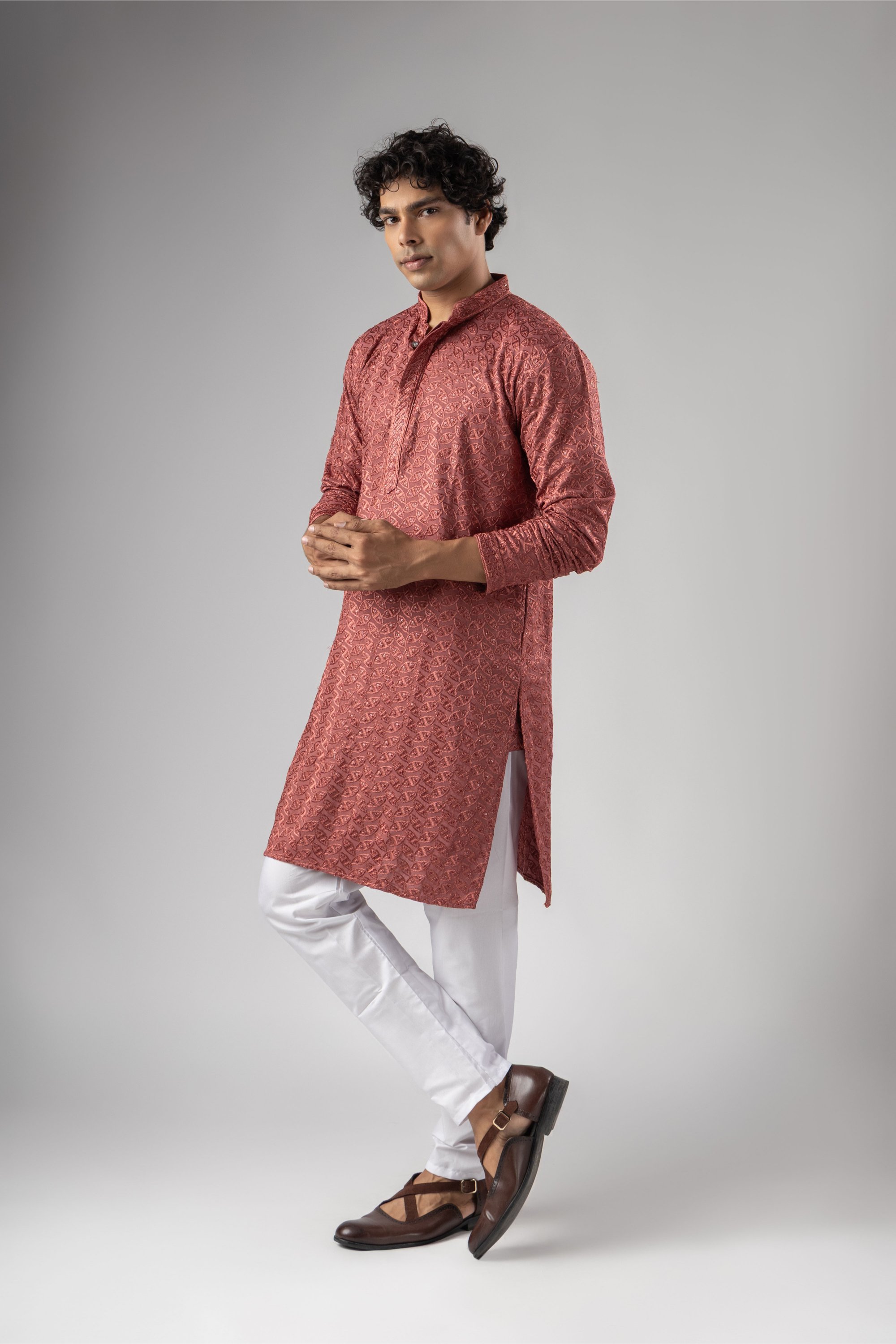 Rose Pink Geometric Embroidery Rayon Kurta Pyjama