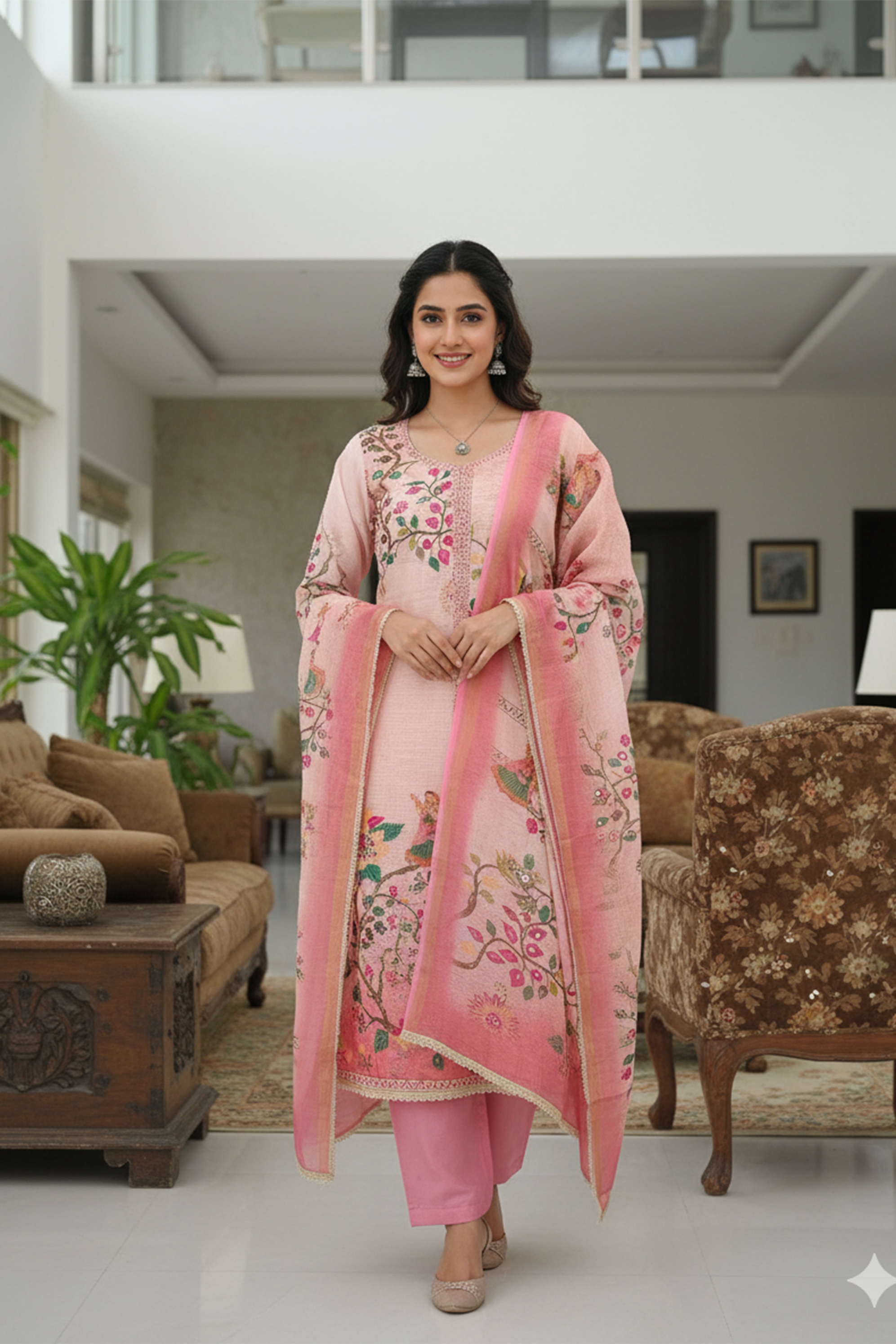 Rose Pink Printed Linen Cotton Salwar Suit