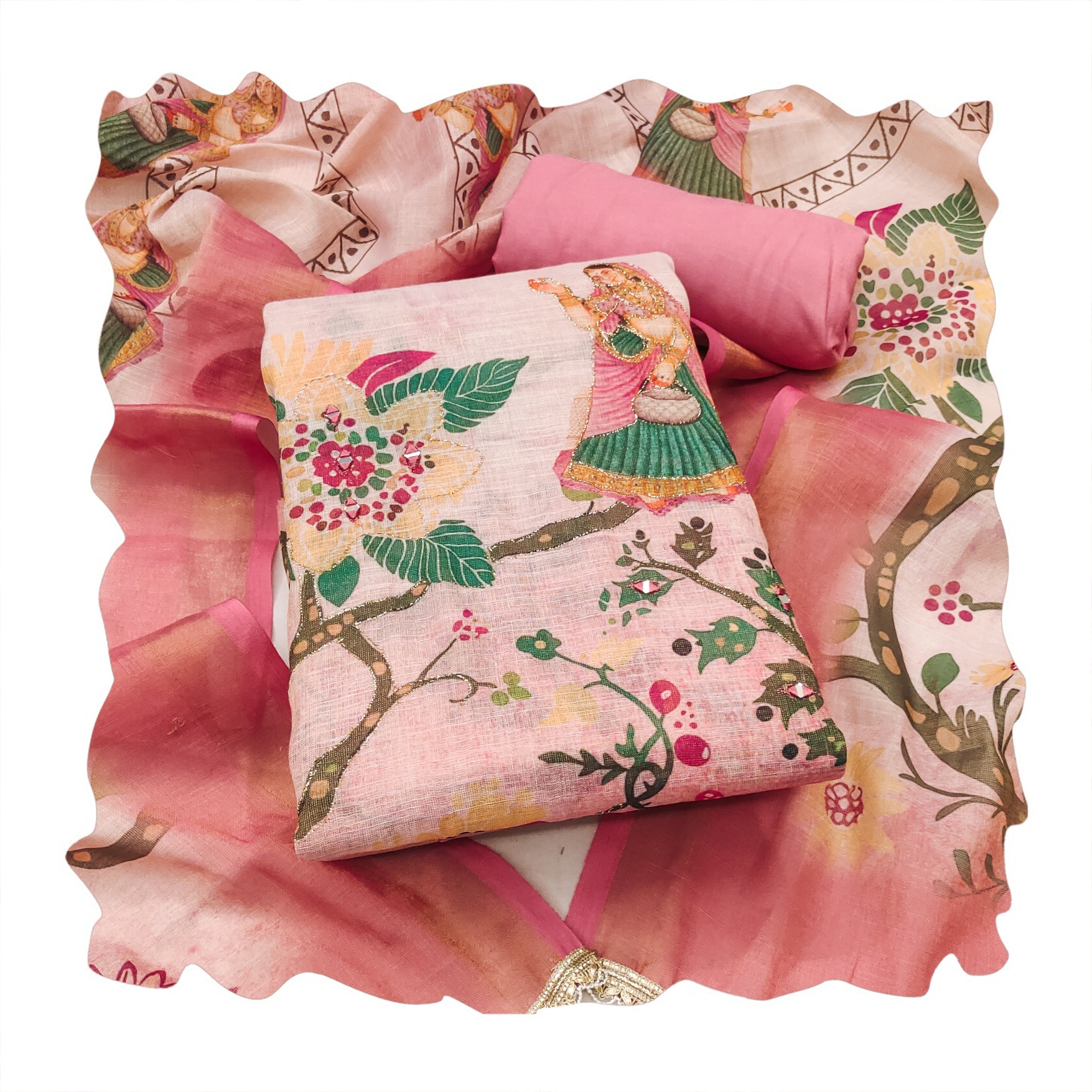 Rose Pink Printed Linen Cotton Salwar Suit