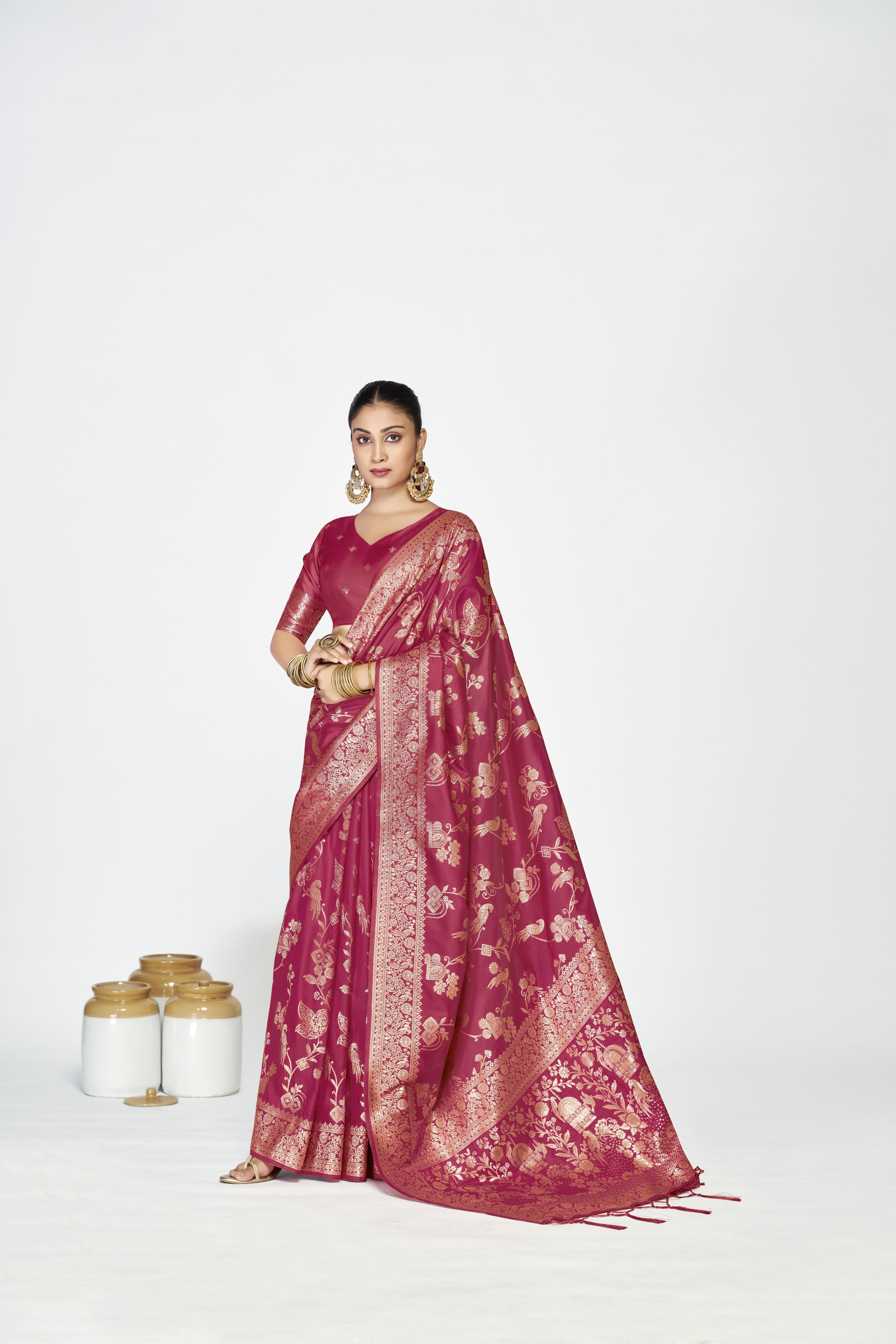 Rose Pink Zari Floral Butti Designer Banarasi Silk Saree