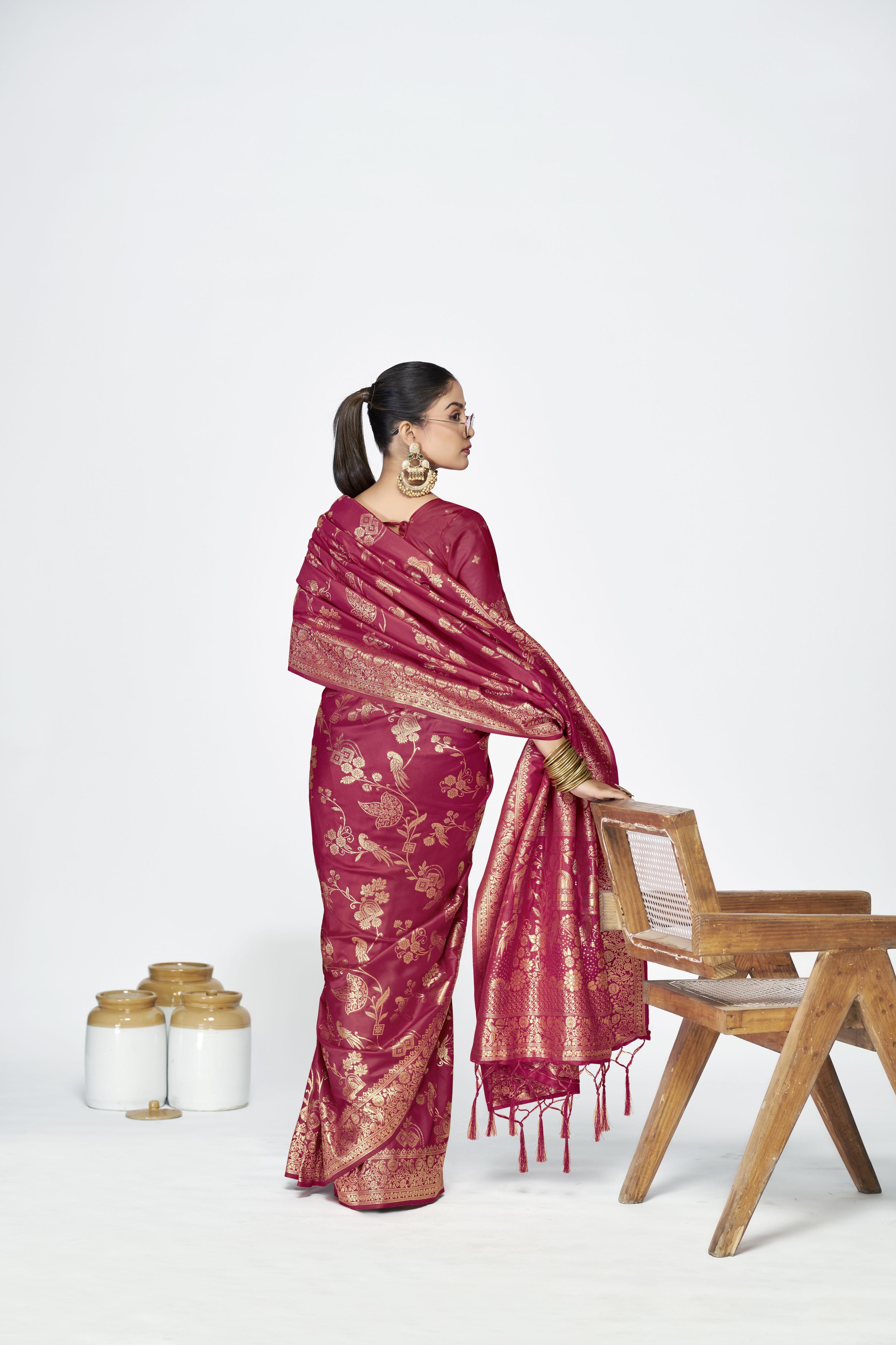 Rose Pink Zari Floral Butti Designer Banarasi Silk Saree — alternate view