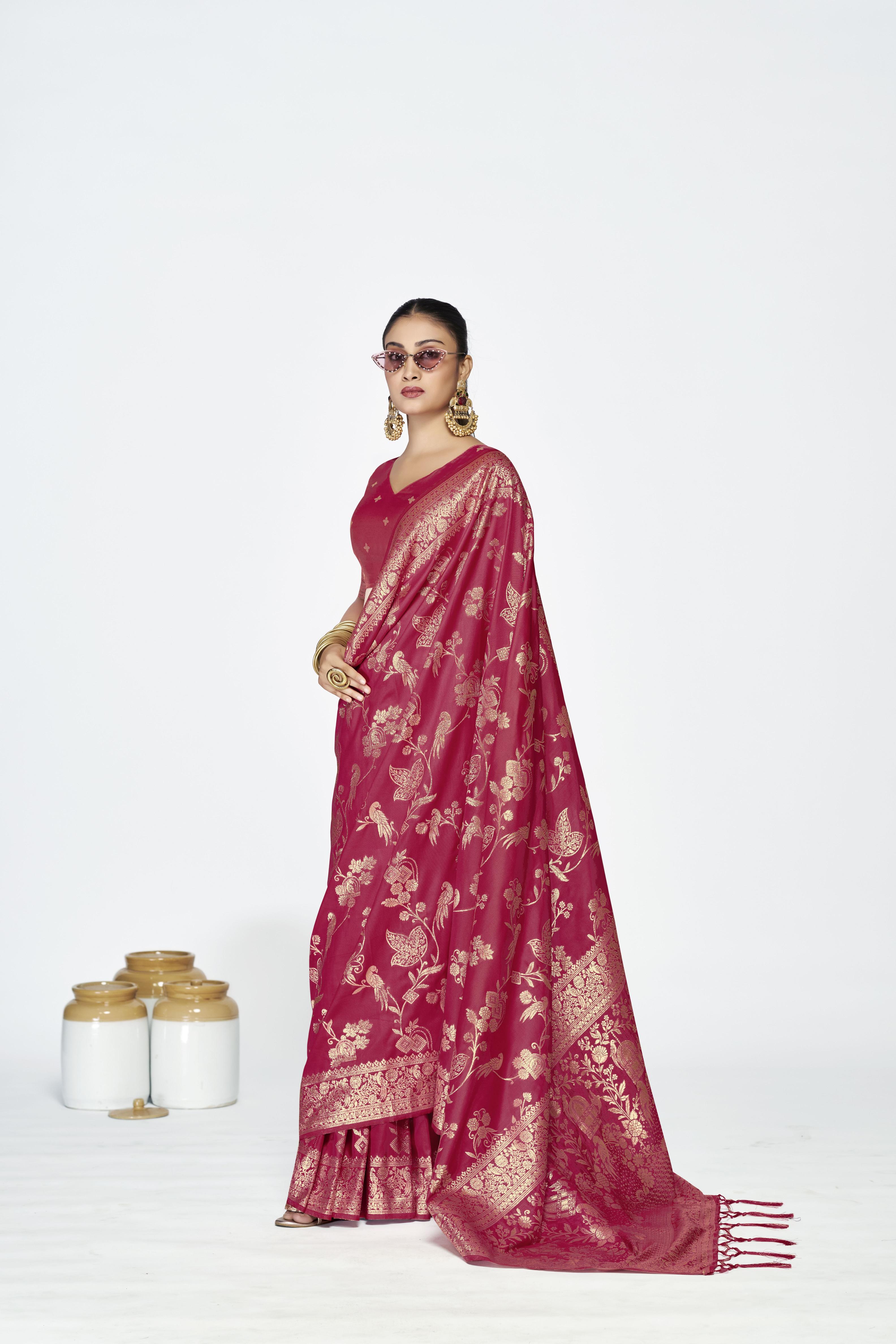 Rose Pink Zari Floral Butti Designer Banarasi Silk Saree