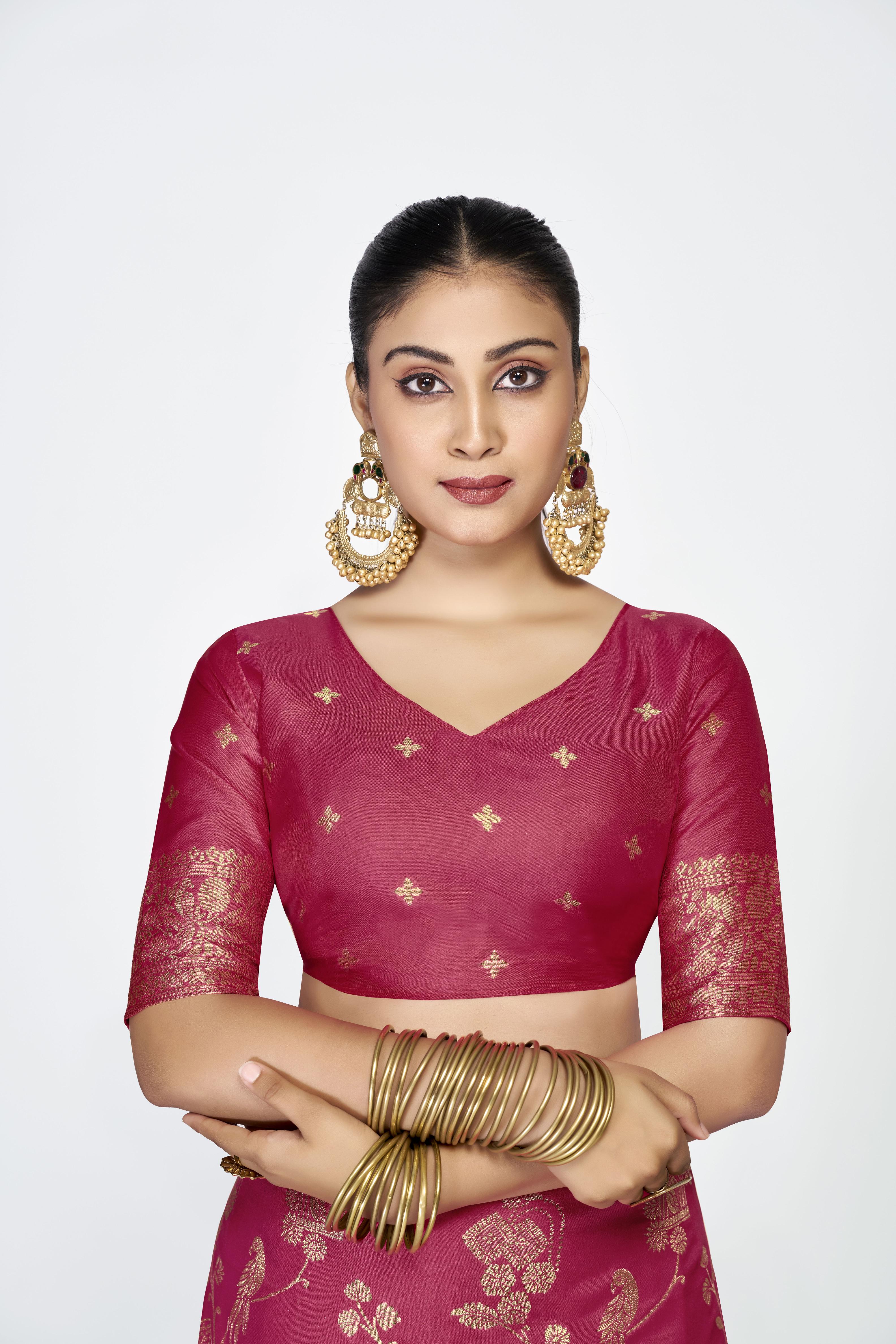 Rose Pink Zari Floral Butti Designer Banarasi Silk Saree