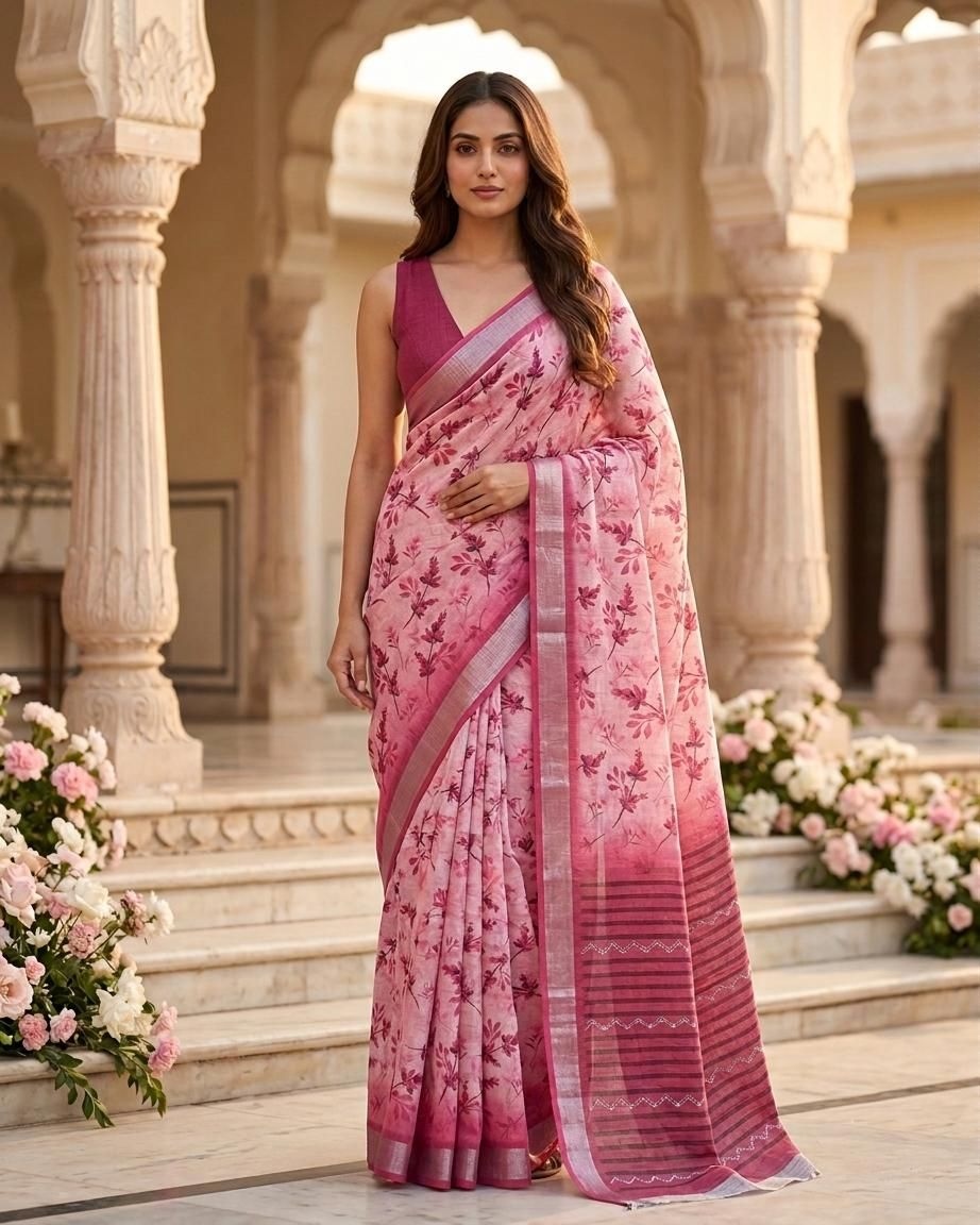 Rosy Garden Linen Silk Saree