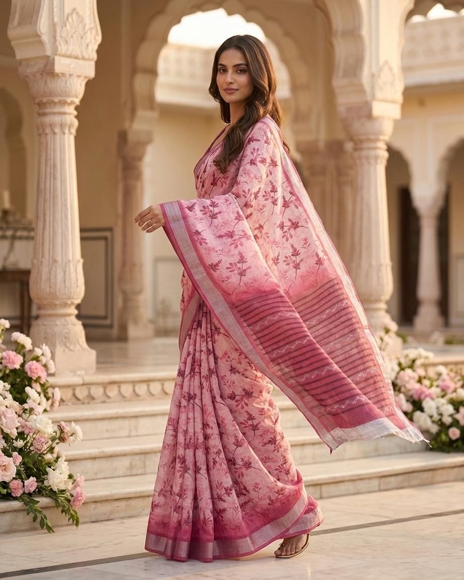 Rosy Garden Linen Silk Saree — alternate view