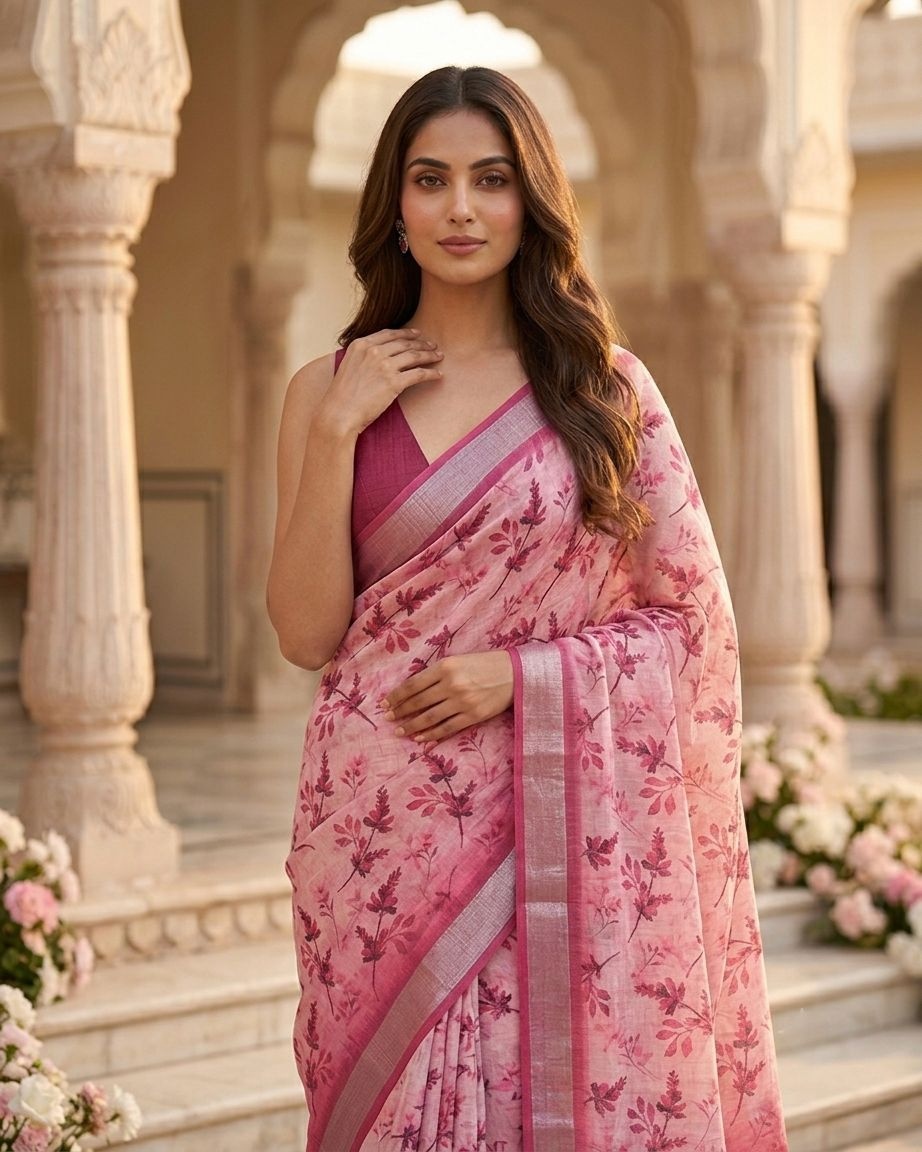 Rosy Garden Linen Silk Saree