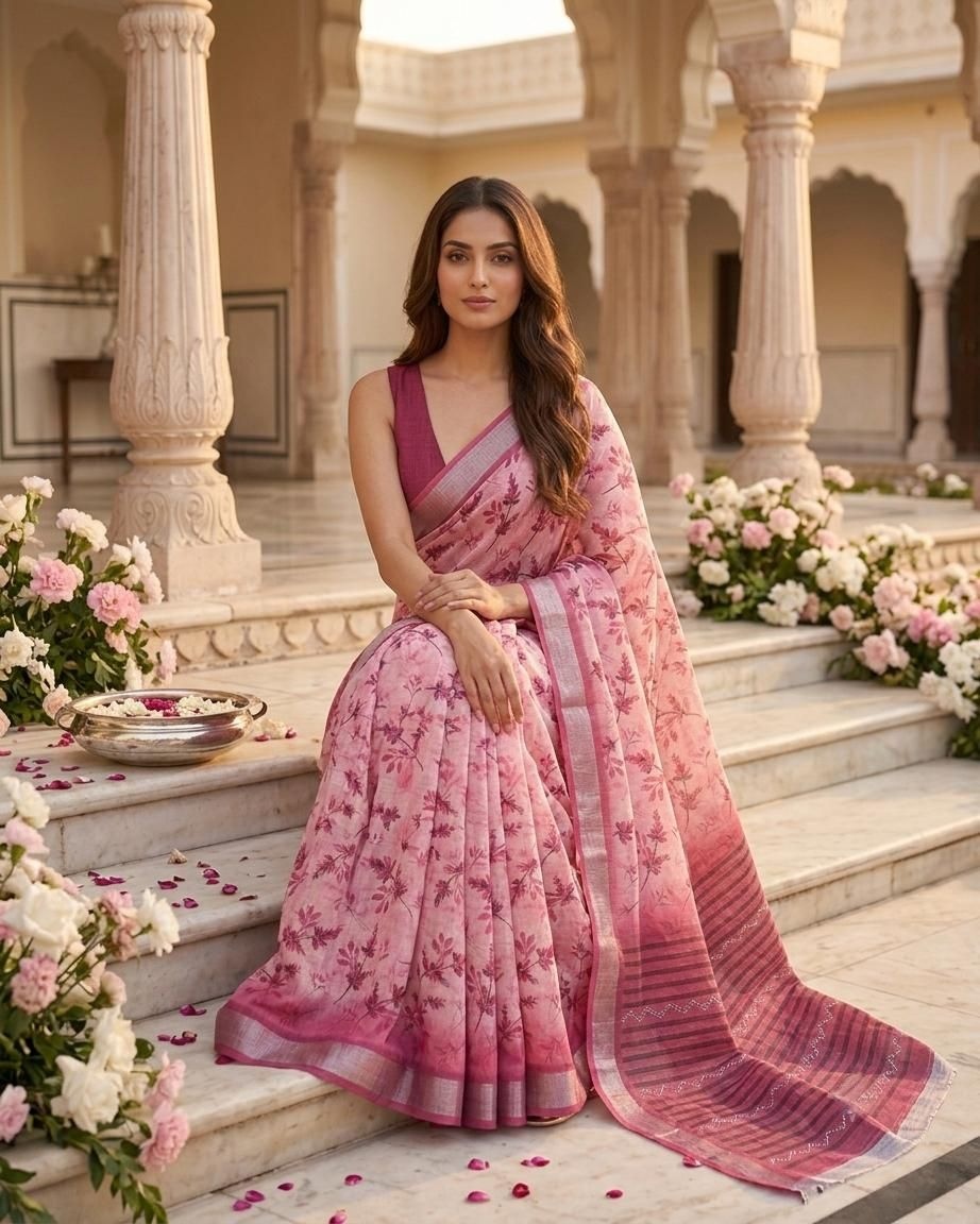 Rosy Garden Linen Silk Saree