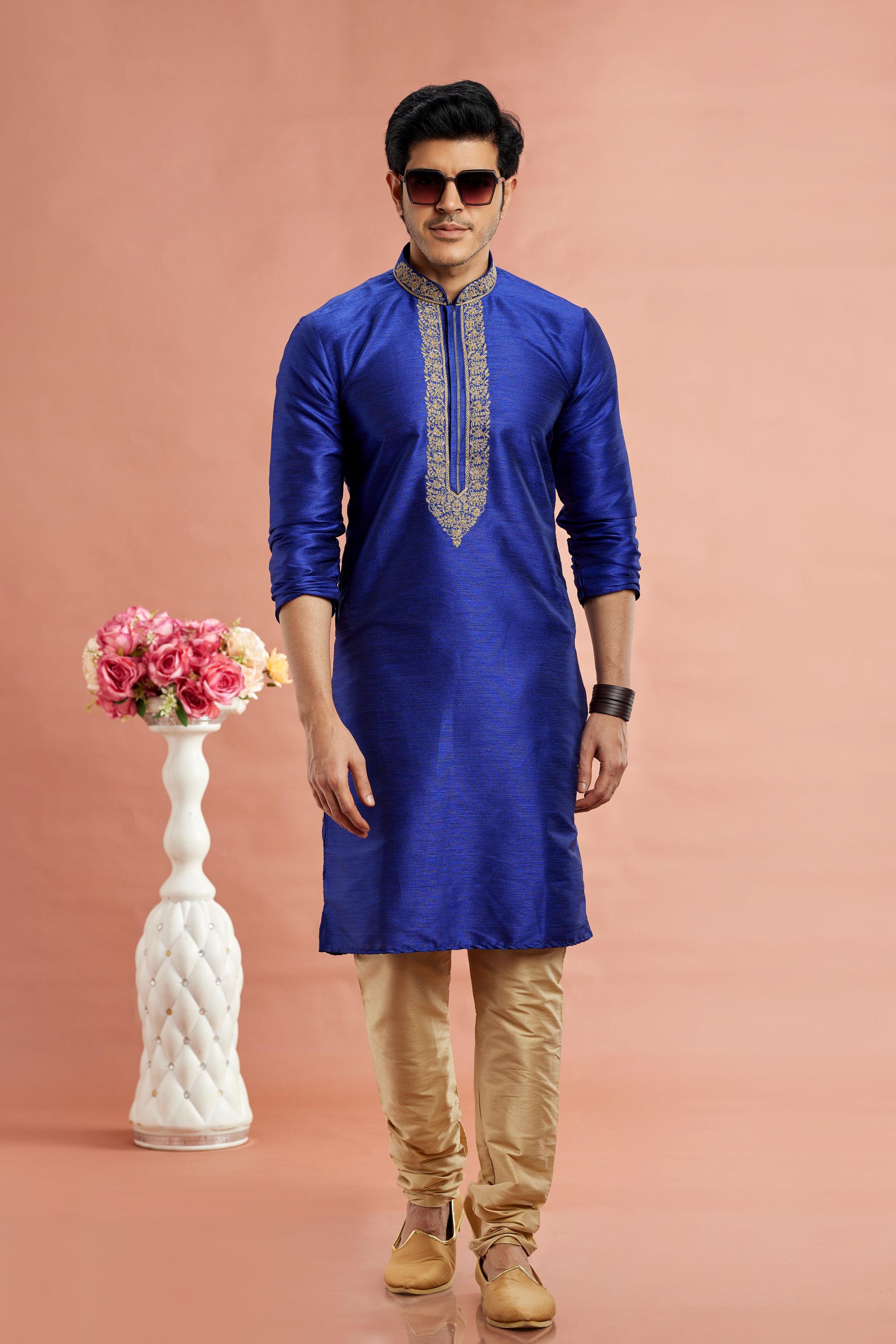 Royal Blue Banarasi Silk Embroidered Kurta Pyjama