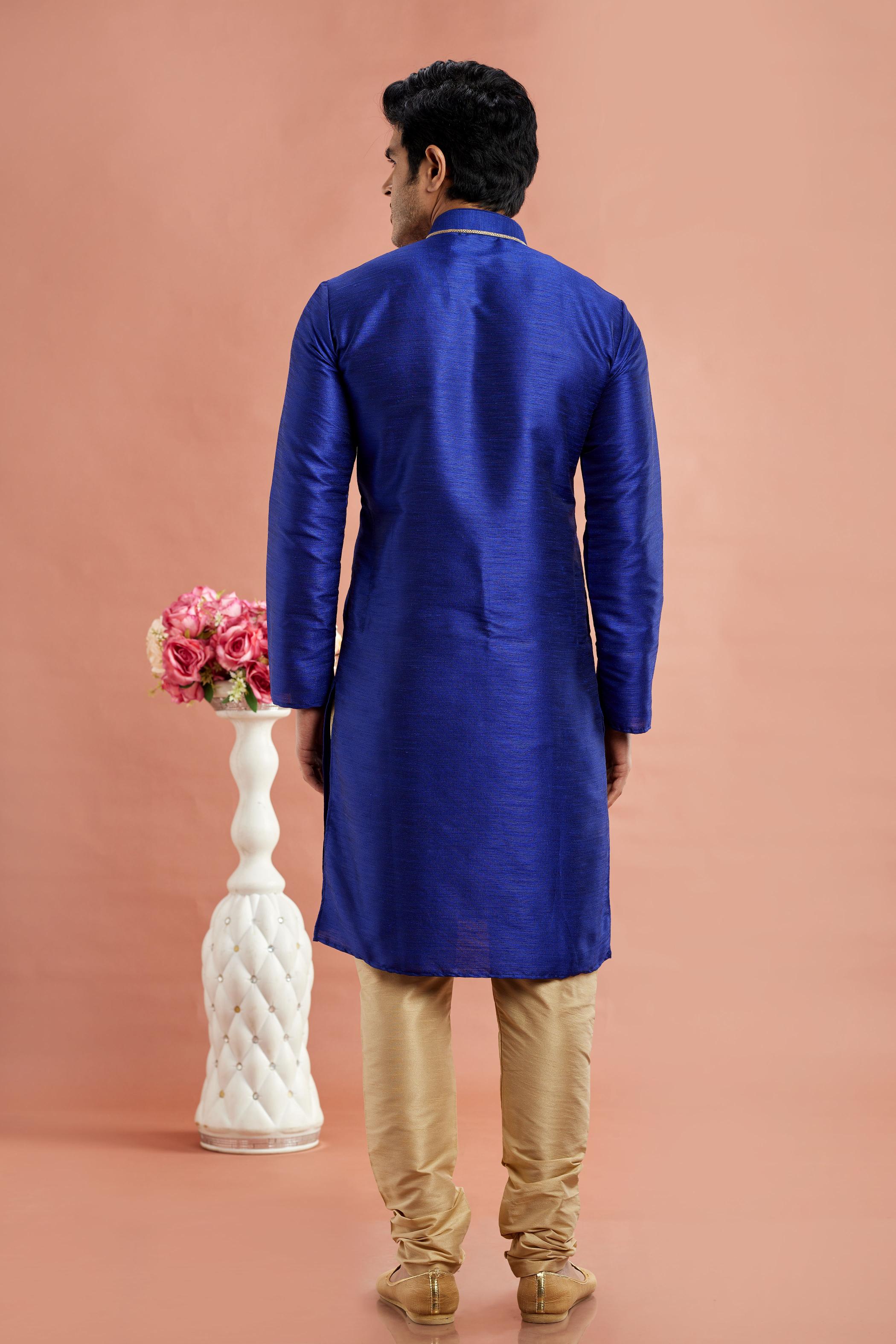 Royal Blue Banarasi Silk Embroidered Kurta Pyjama — alternate view