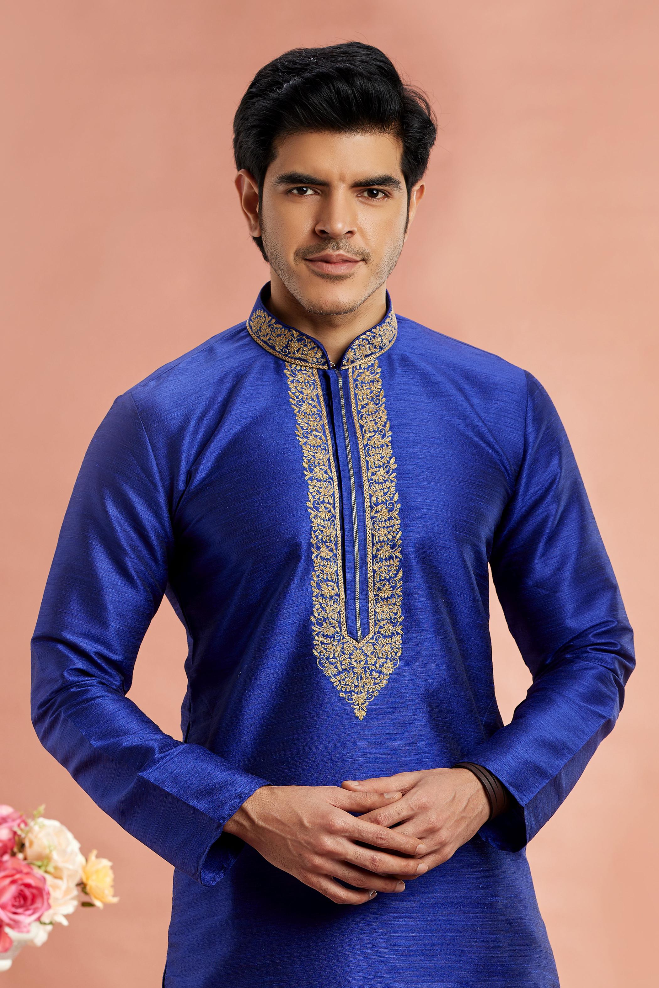 Royal Blue Banarasi Silk Embroidered Kurta Pyjama