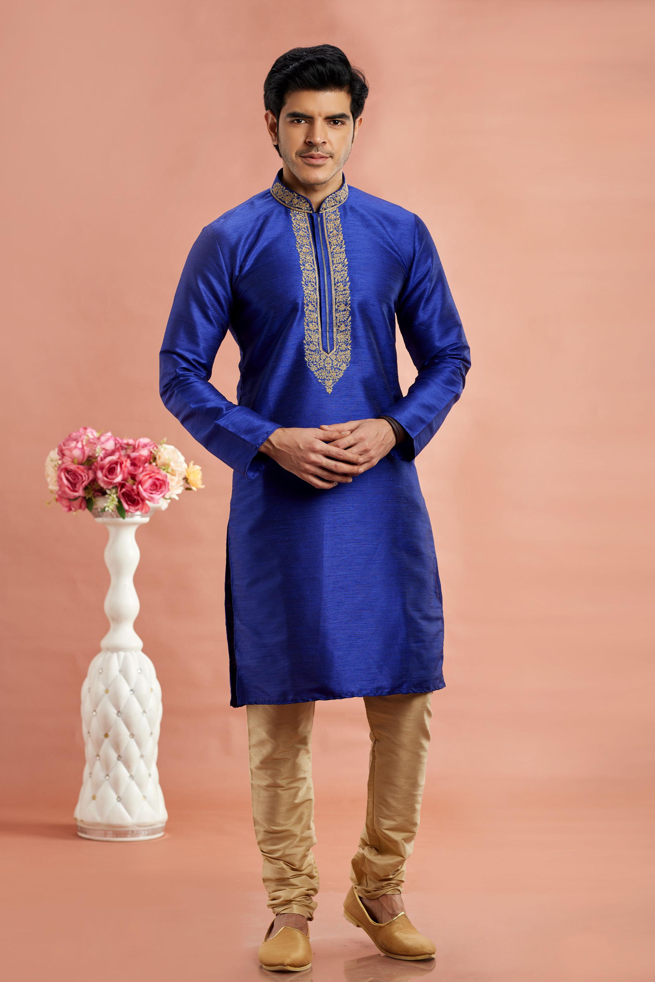Royal Blue Banarasi Silk Embroidered Kurta Pyjama