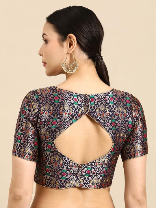 Royal Blue Banarasi Silk Jacquard Readymade Blouse — alternate view