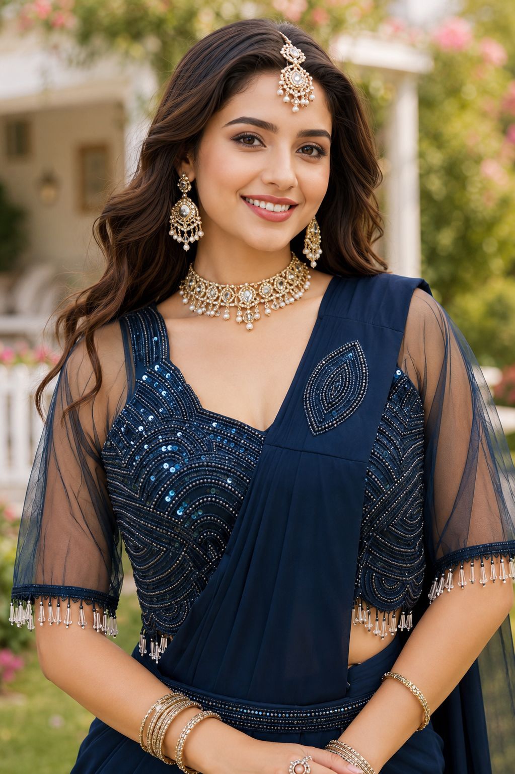 Royal Blue Bandhani Sequin Georgette Ready Saree — alternate view