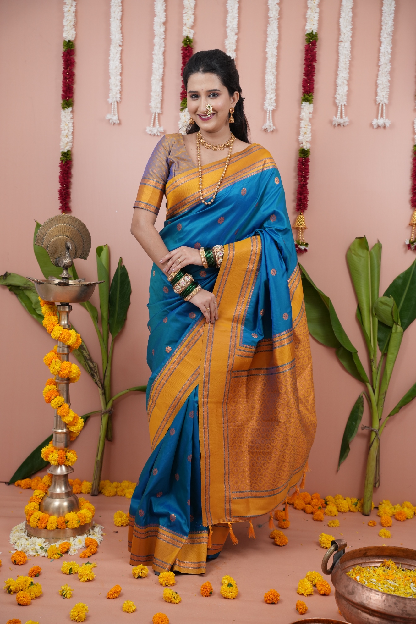 Royal Blue Beige Heritage Soft Silk Saree