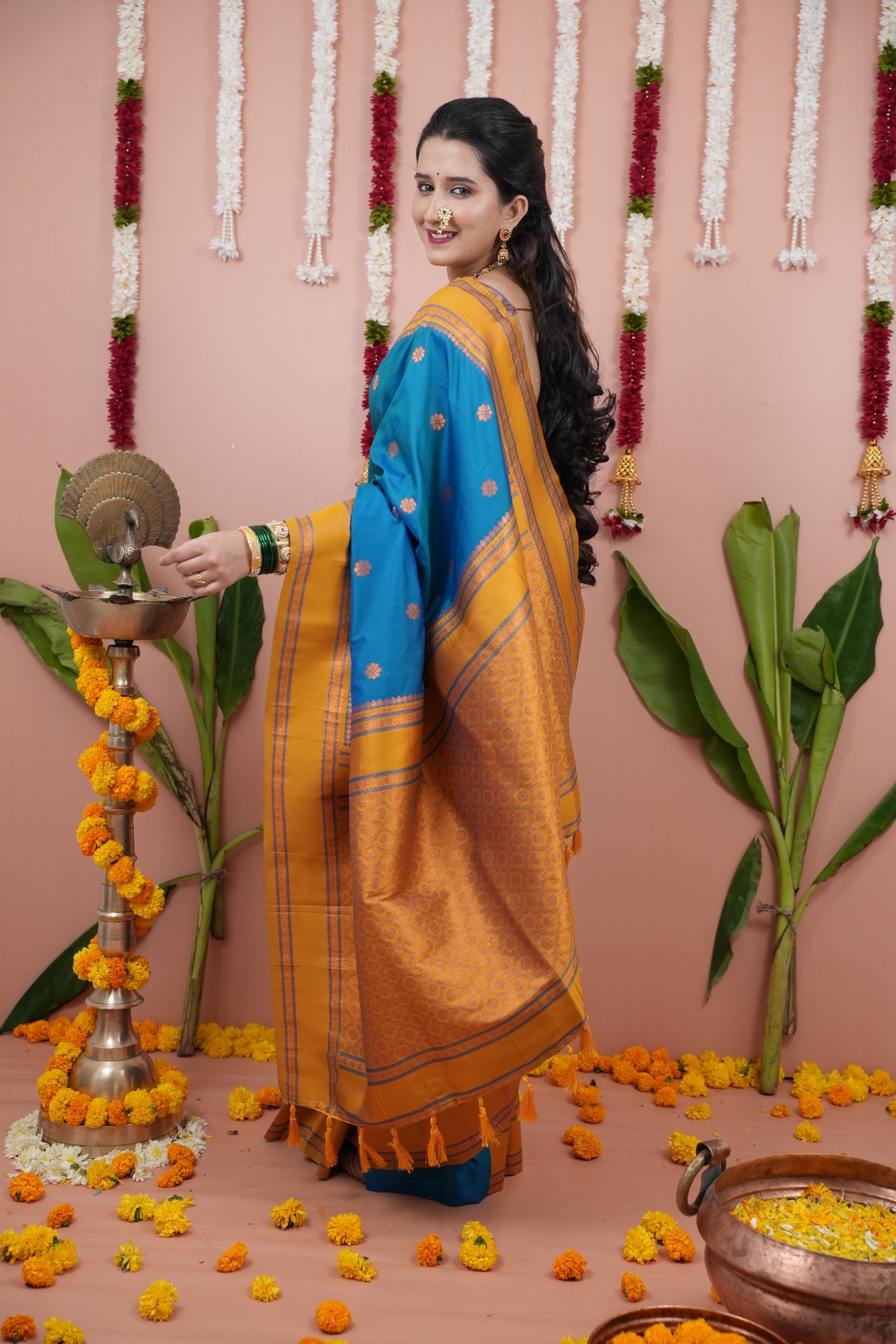Royal Blue Beige Heritage Soft Silk Saree
