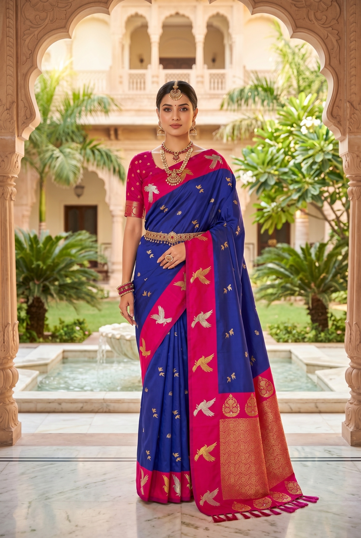 Royal Blue Bird Woven Soft Silk Saree