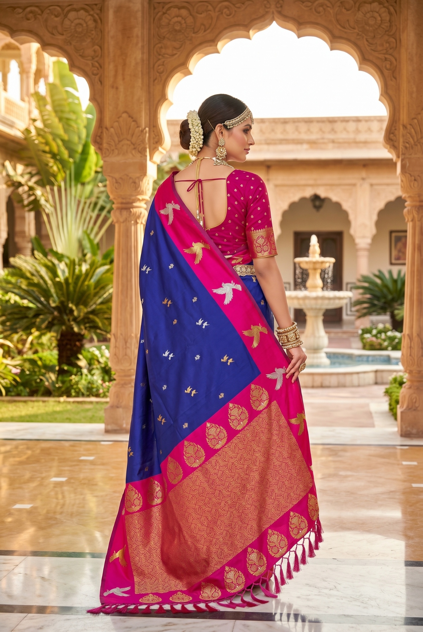 Royal Blue Bird Woven Soft Silk Saree — alternate view