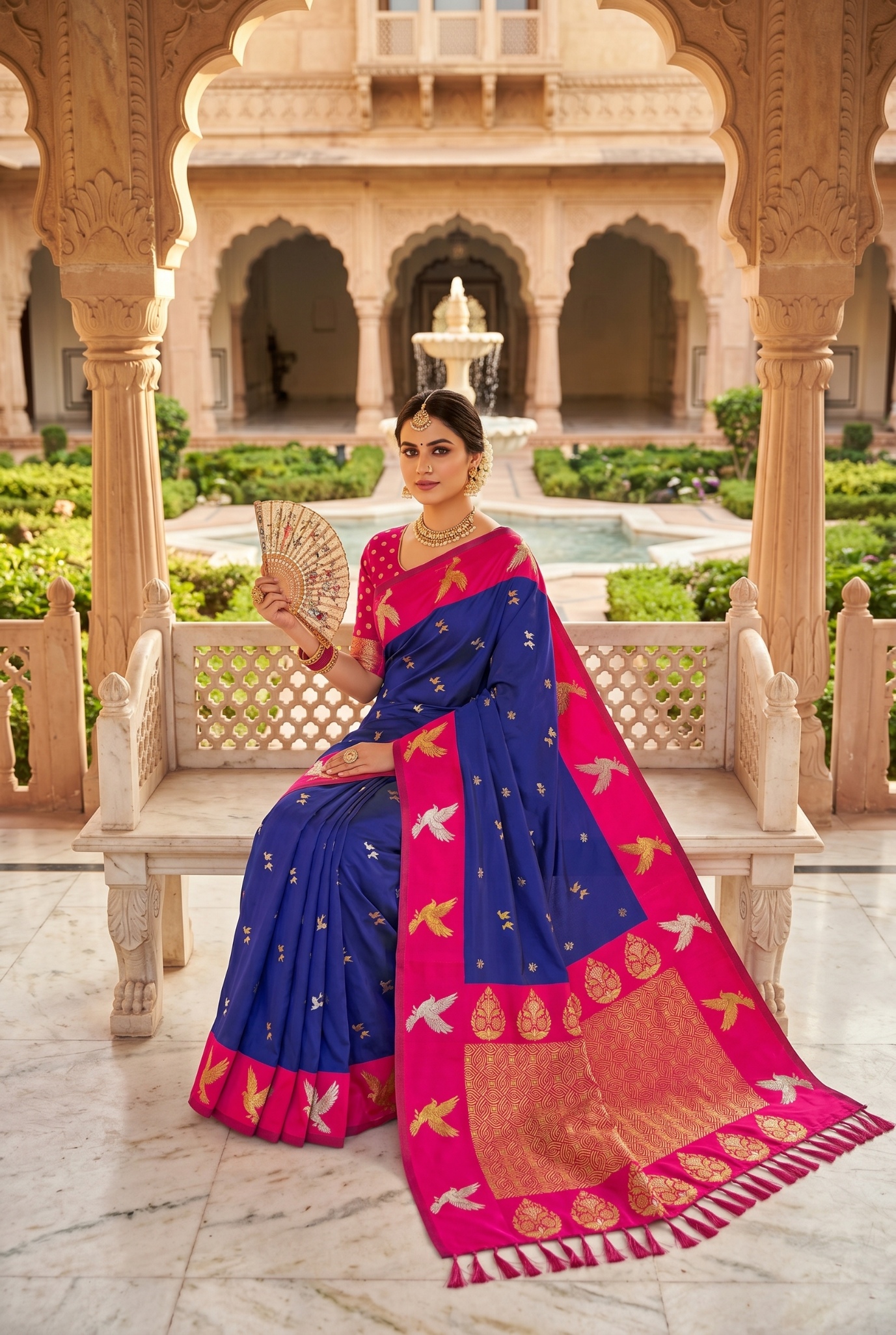 Royal Blue Bird Woven Soft Silk Saree
