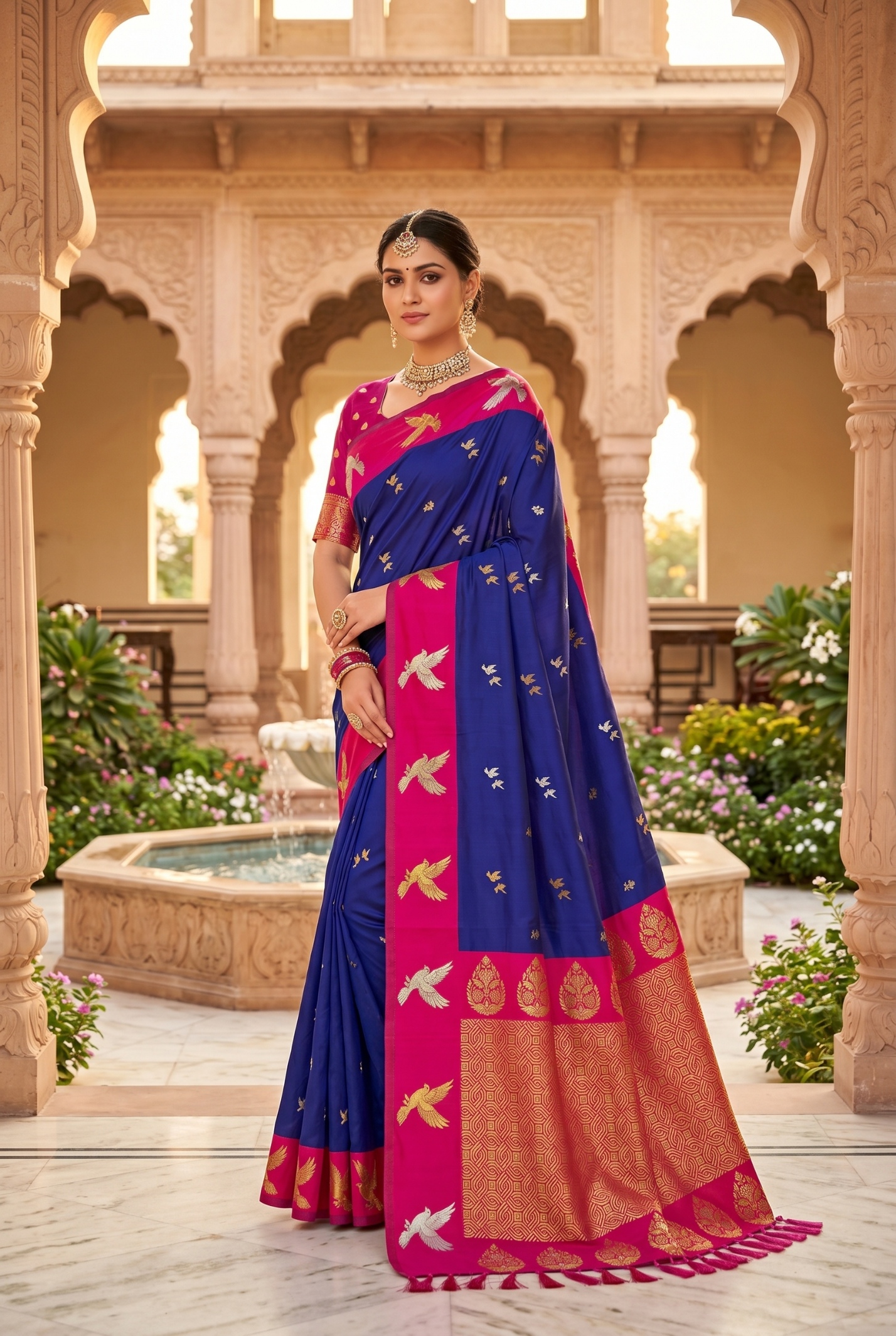 Royal Blue Bird Woven Soft Silk Saree