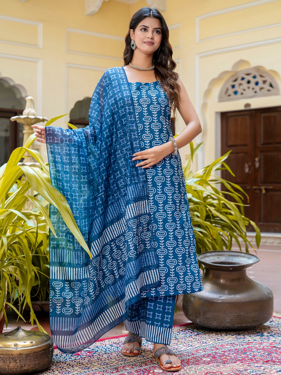 Royal Blue Boat Neck Garden Print Cotton Suit