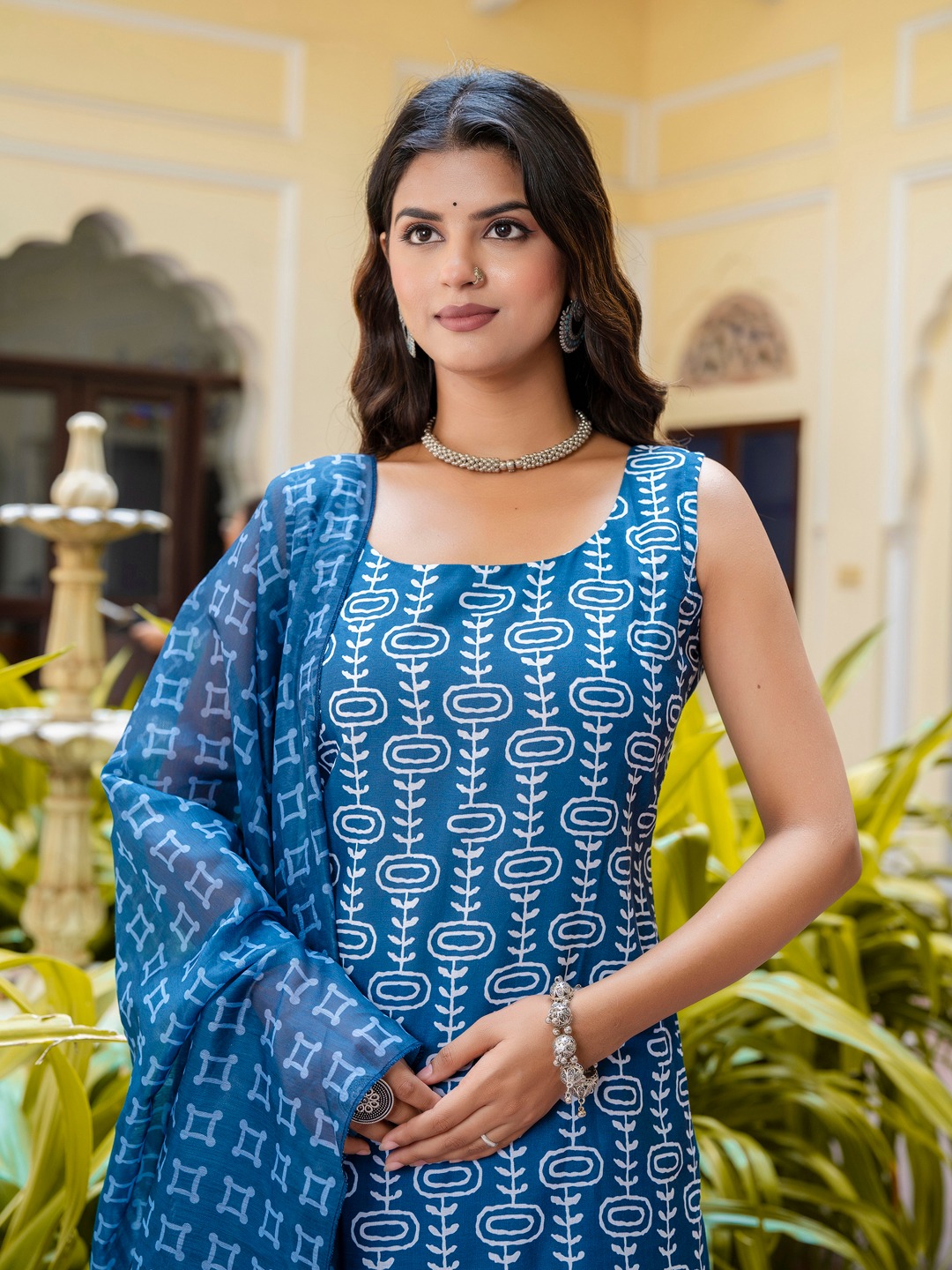 Royal Blue Boat Neck Garden Print Cotton Suit