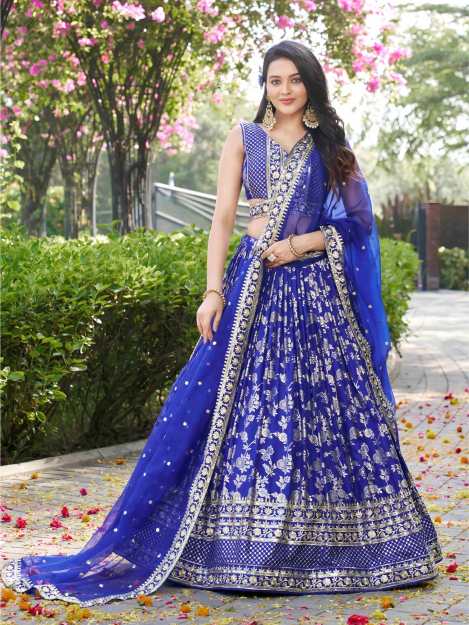 Royal Blue Dola Silk Jacquard Bridal Lehenga