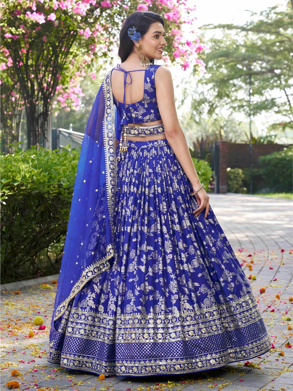 Royal Blue Dola Silk Jacquard Bridal Lehenga — alternate view