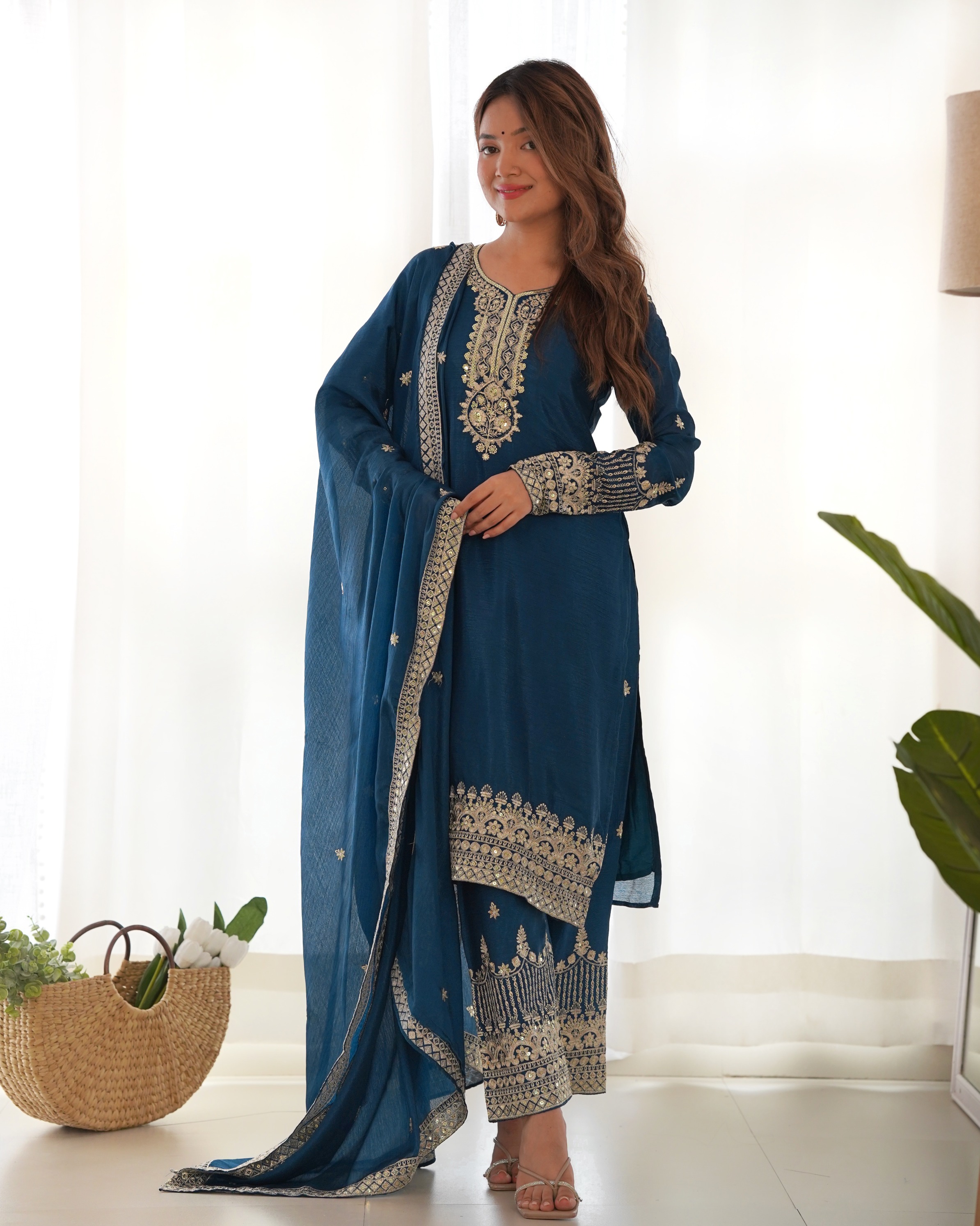 Royal Blue Embroidered Chinon Silk Palazzo Set