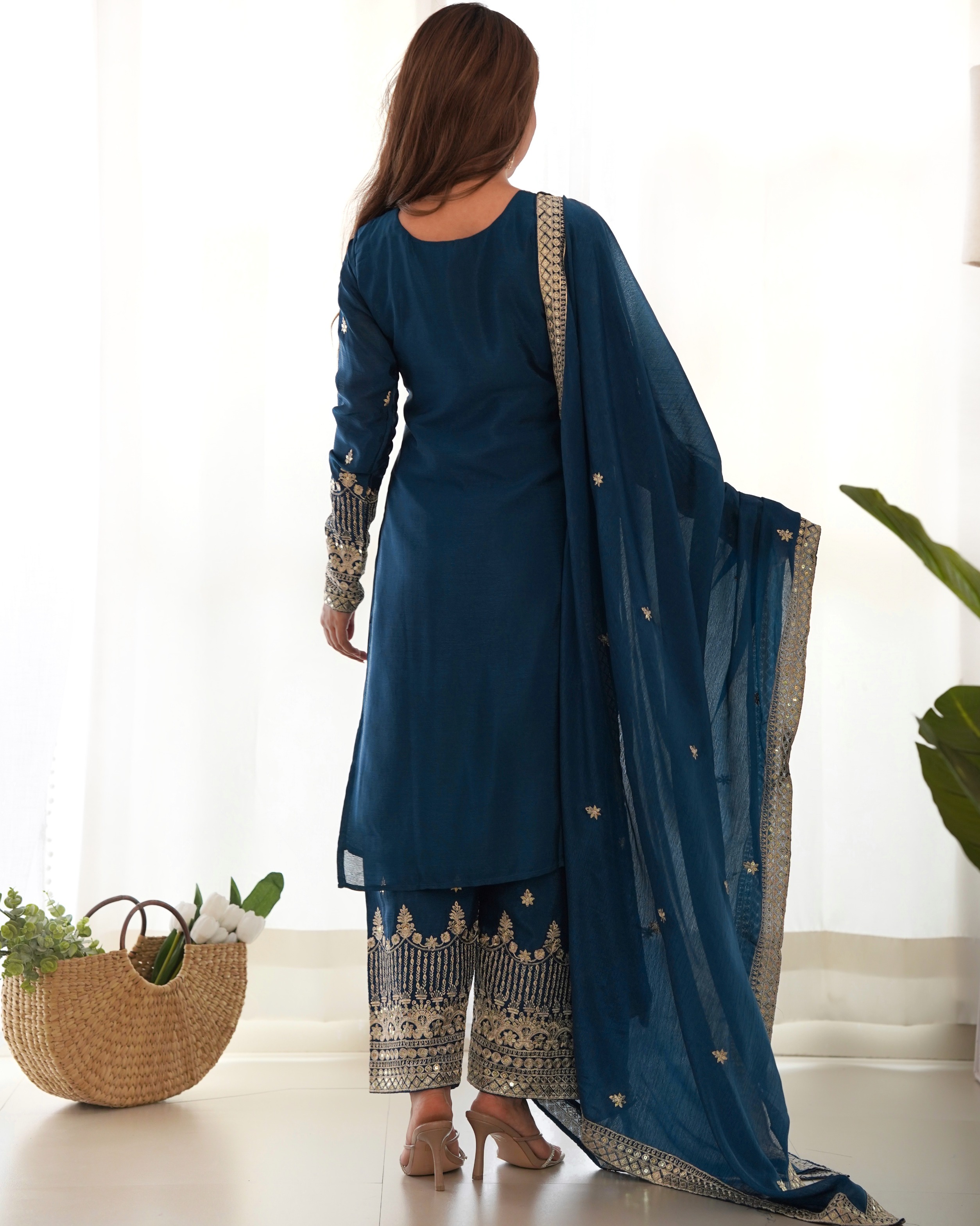 Royal Blue Embroidered Chinon Silk Palazzo Set — alternate view