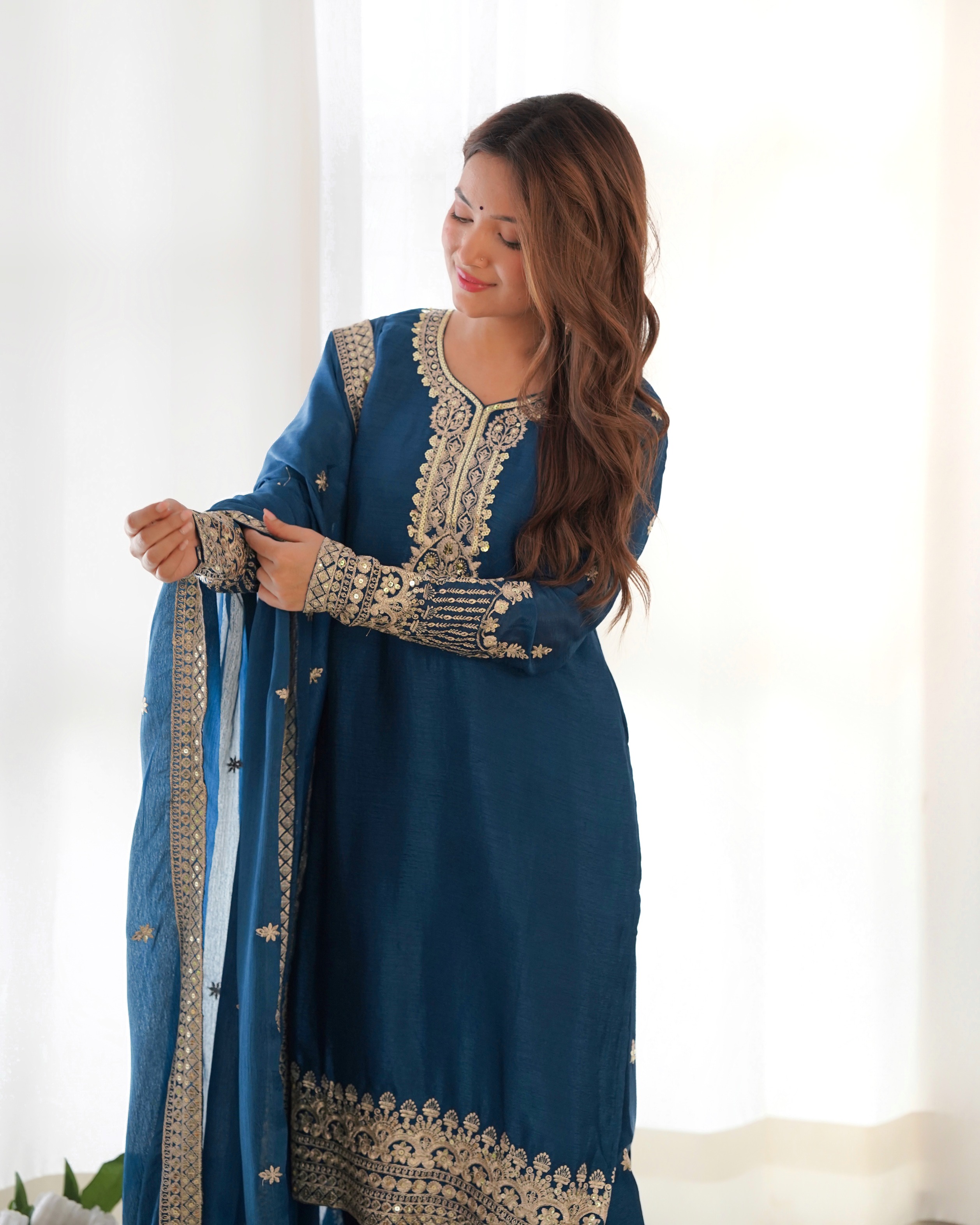 Royal Blue Embroidered Chinon Silk Palazzo Set