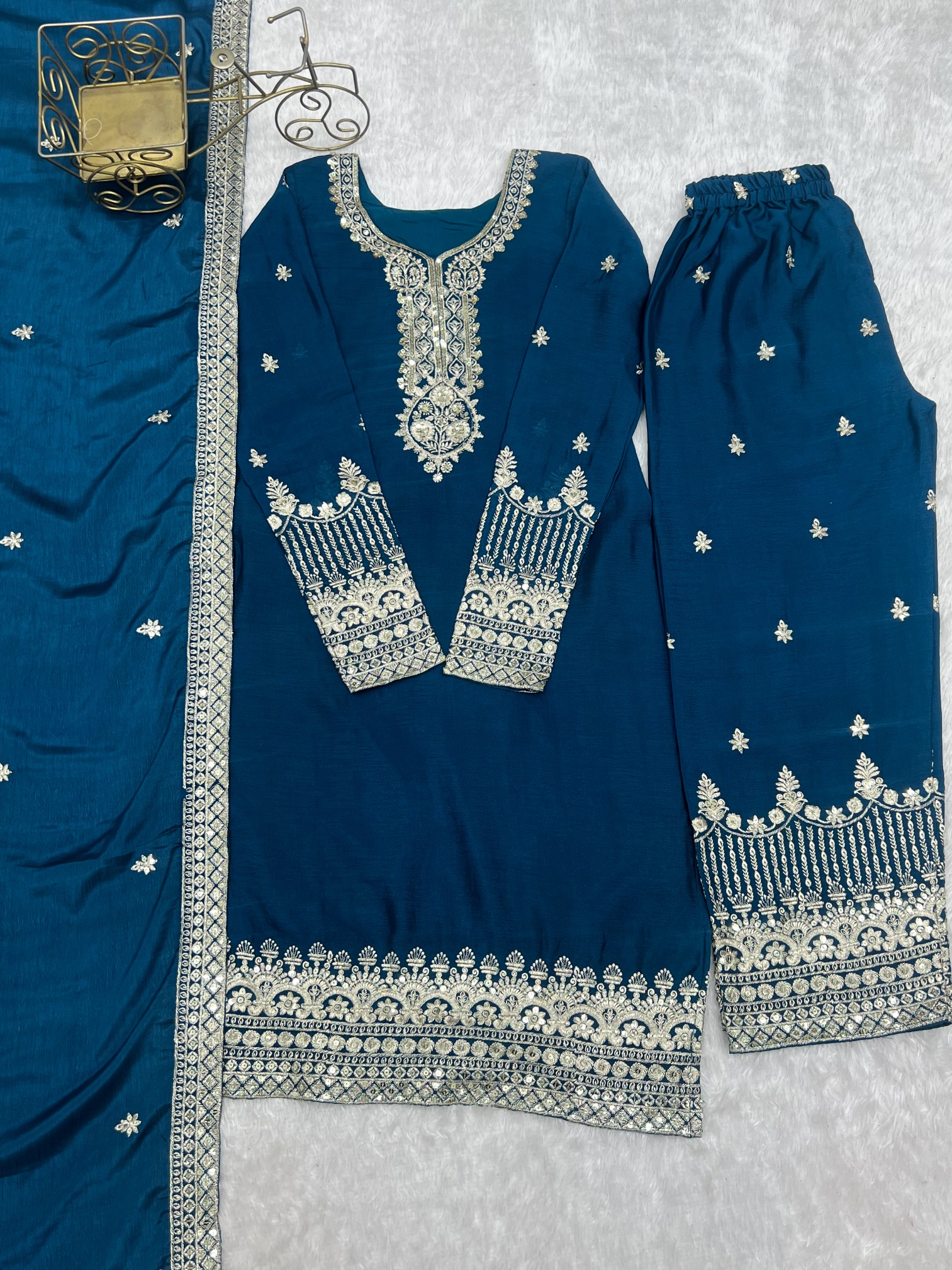 Royal Blue Embroidered Chinon Silk Palazzo Set