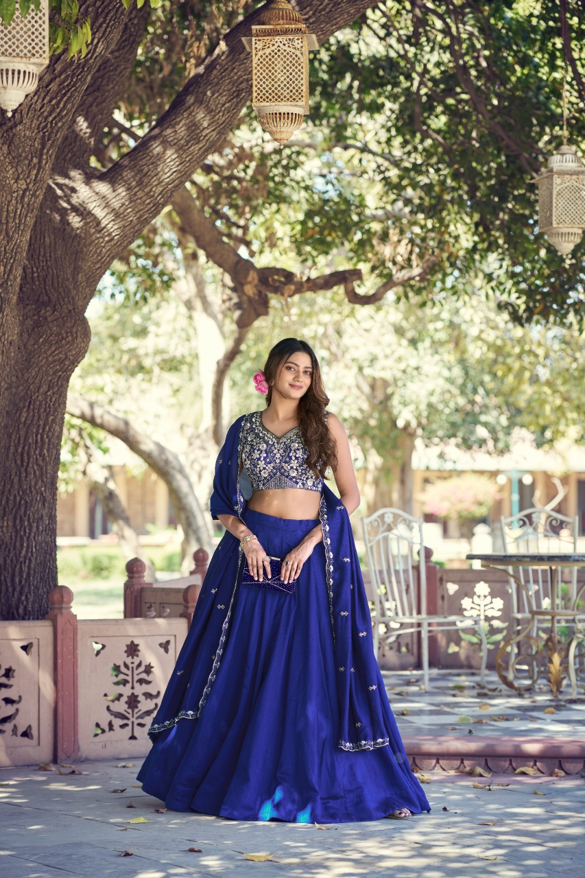 Royal Blue Embroidered Kashmiri Silk Lehenga Choli