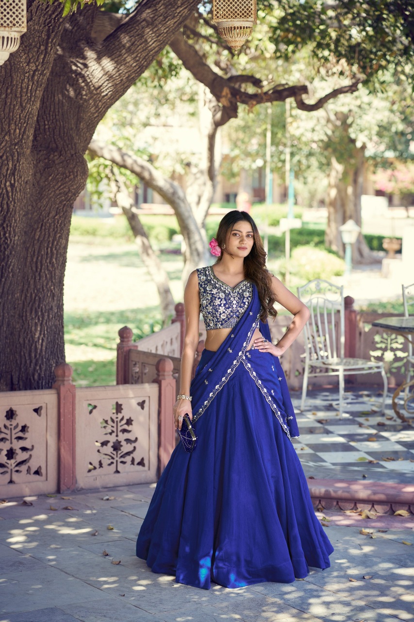 Royal Blue Embroidered Kashmiri Silk Lehenga Choli
