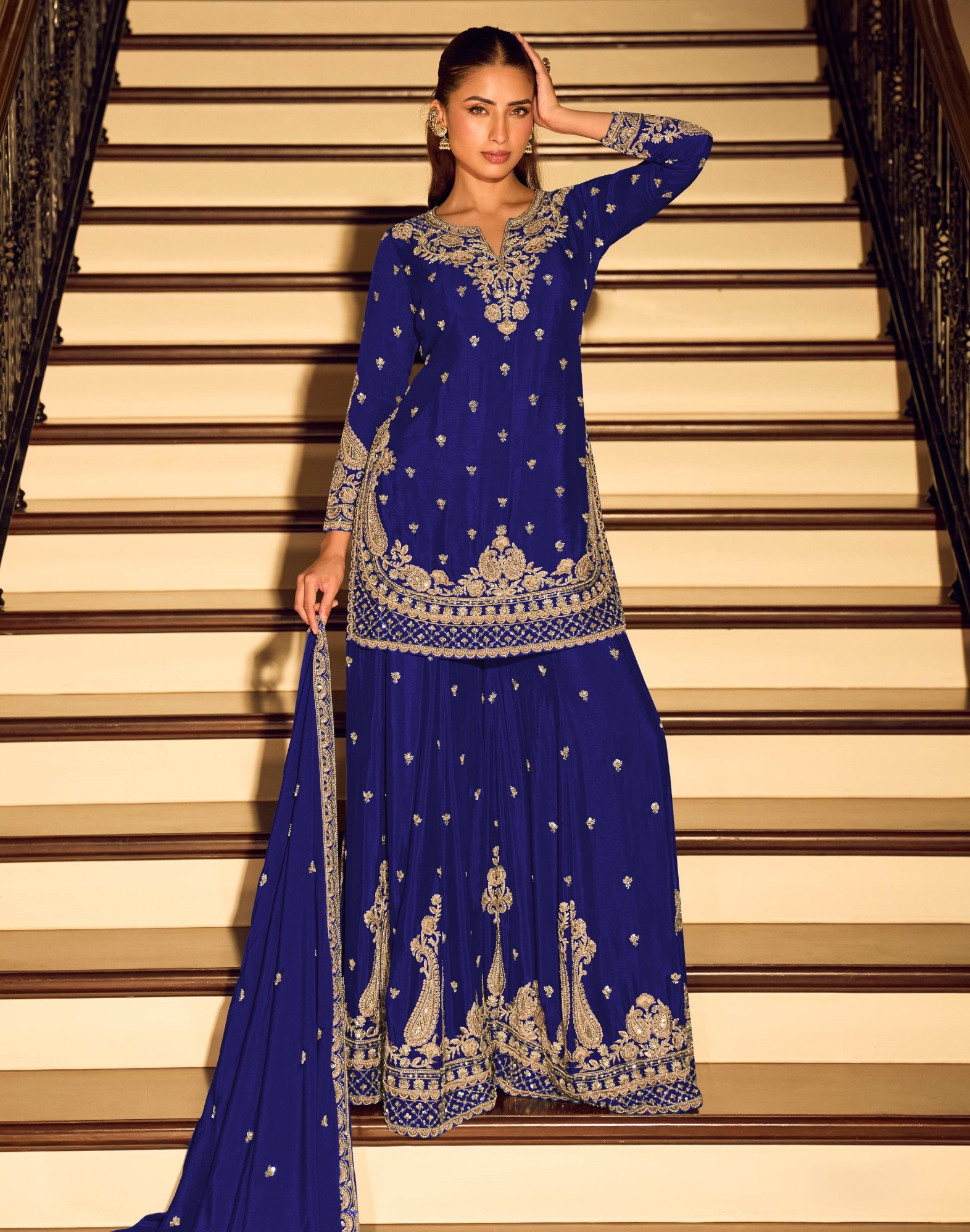 Royal Blue Floral Embroidered Chinon Palazzo Suit