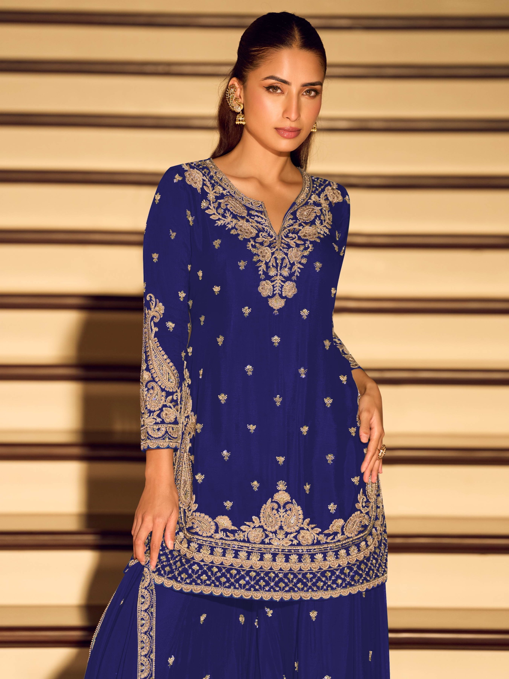 Royal Blue Floral Embroidered Chinon Palazzo Suit — alternate view