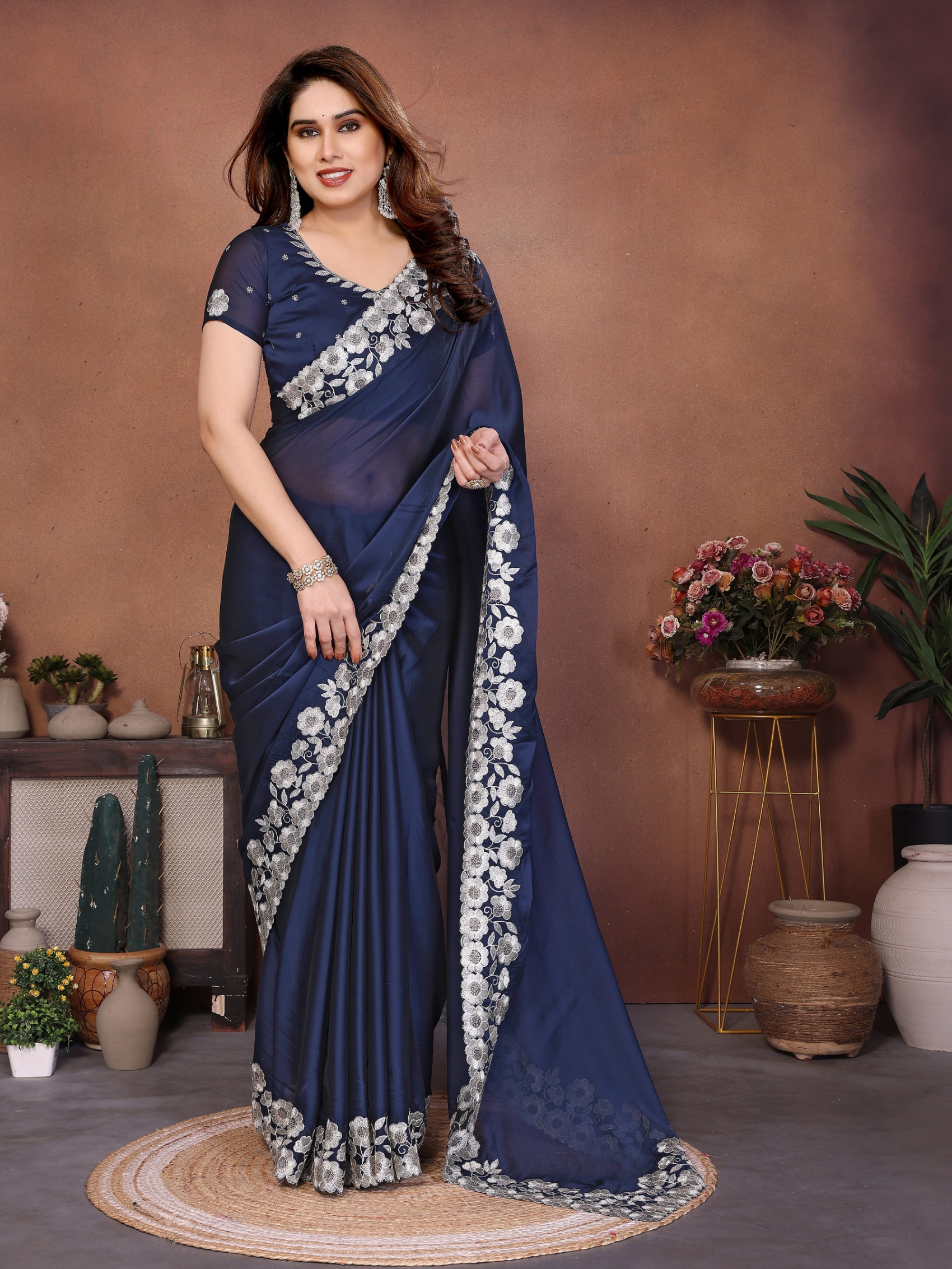 Royal Blue Floral Embroidered Rangoli Silk Saree