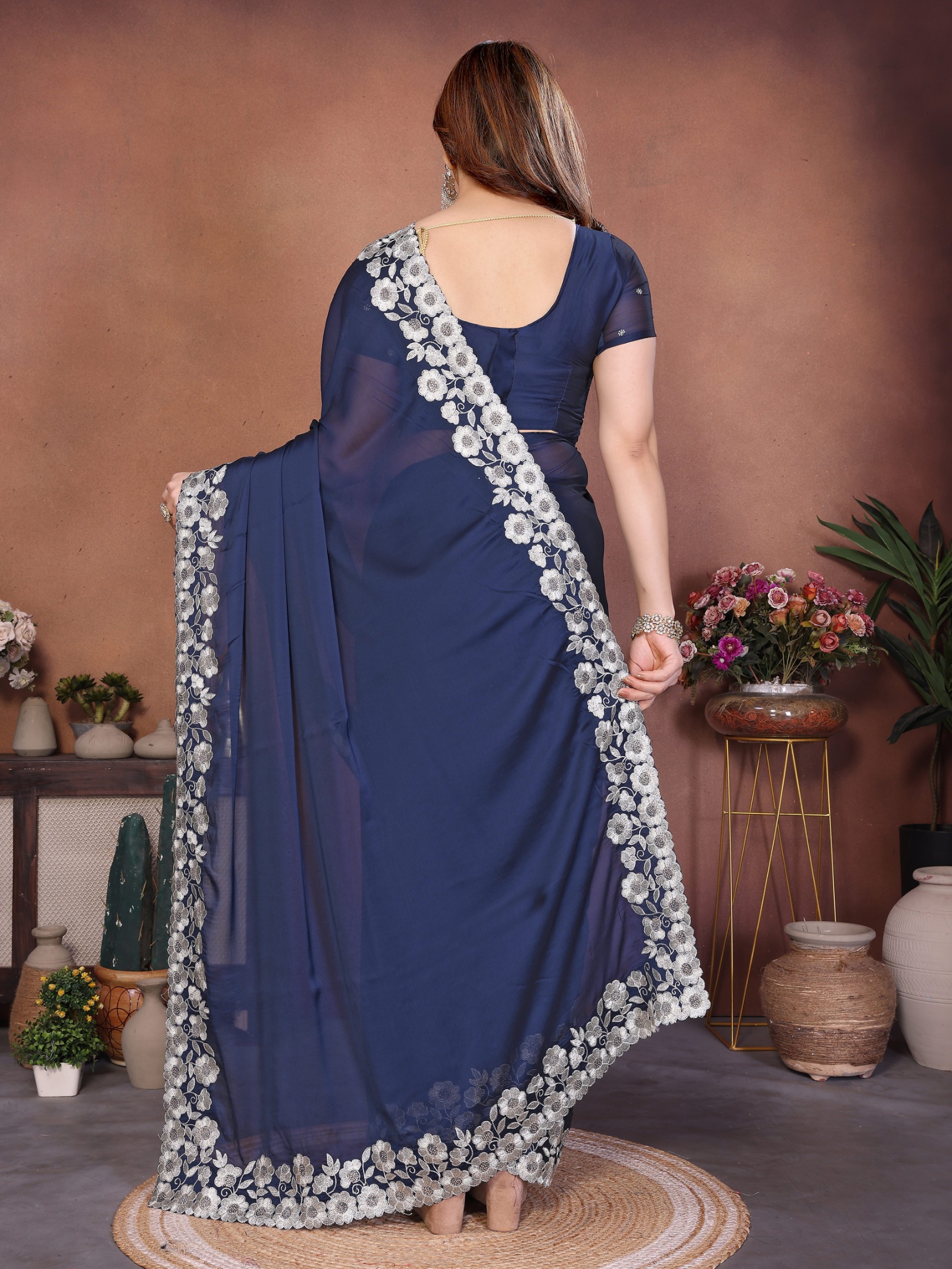 Royal Blue Floral Embroidered Rangoli Silk Saree — alternate view