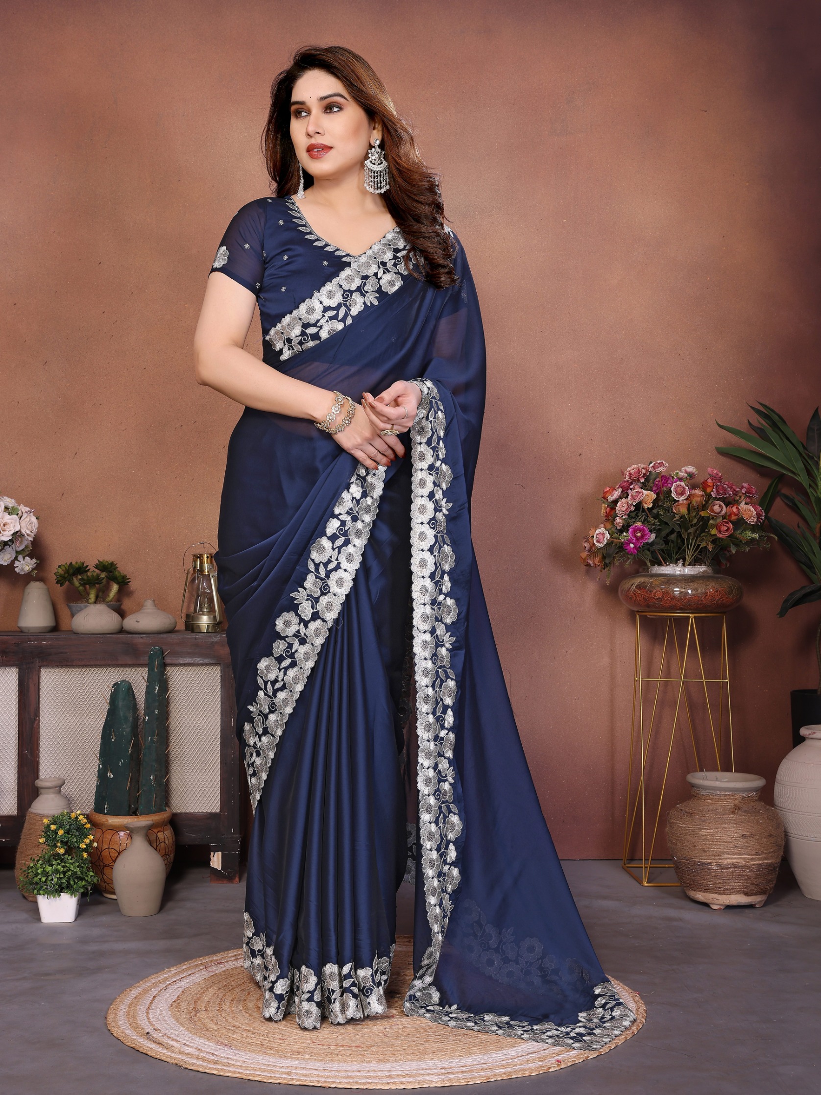 Royal Blue Floral Embroidered Rangoli Silk Saree