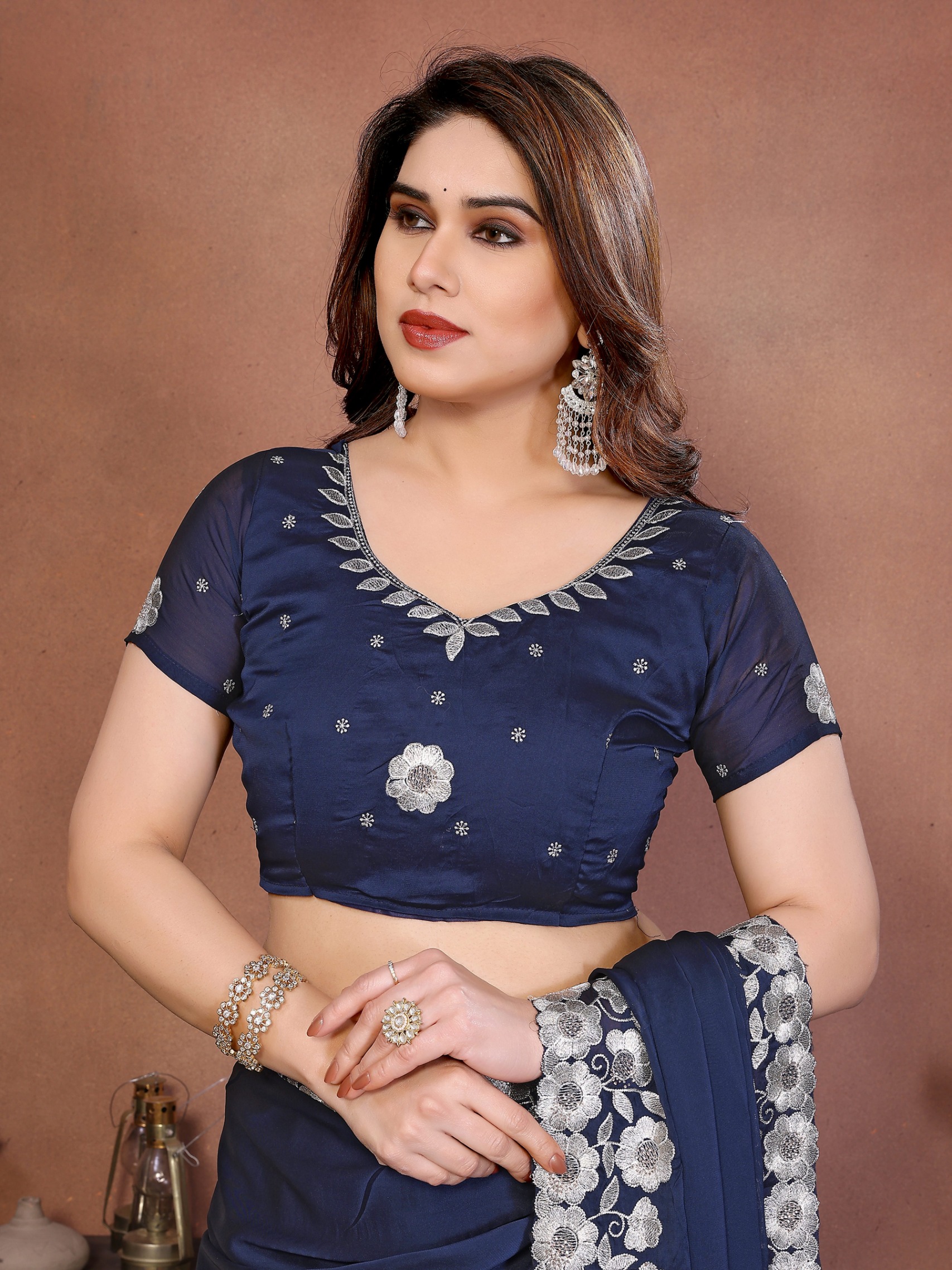 Royal Blue Floral Embroidered Rangoli Silk Saree