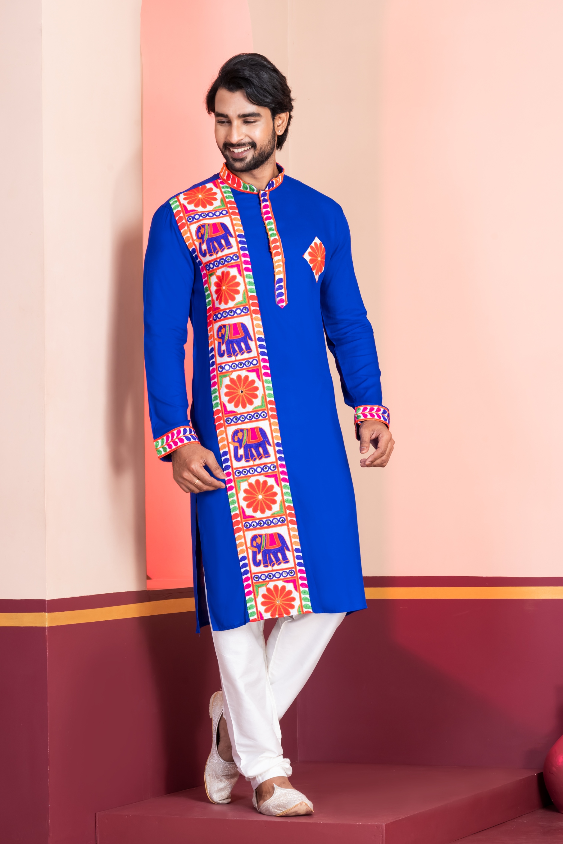 Royal Blue Floral Embroidery Rayon Kurta Pyjama