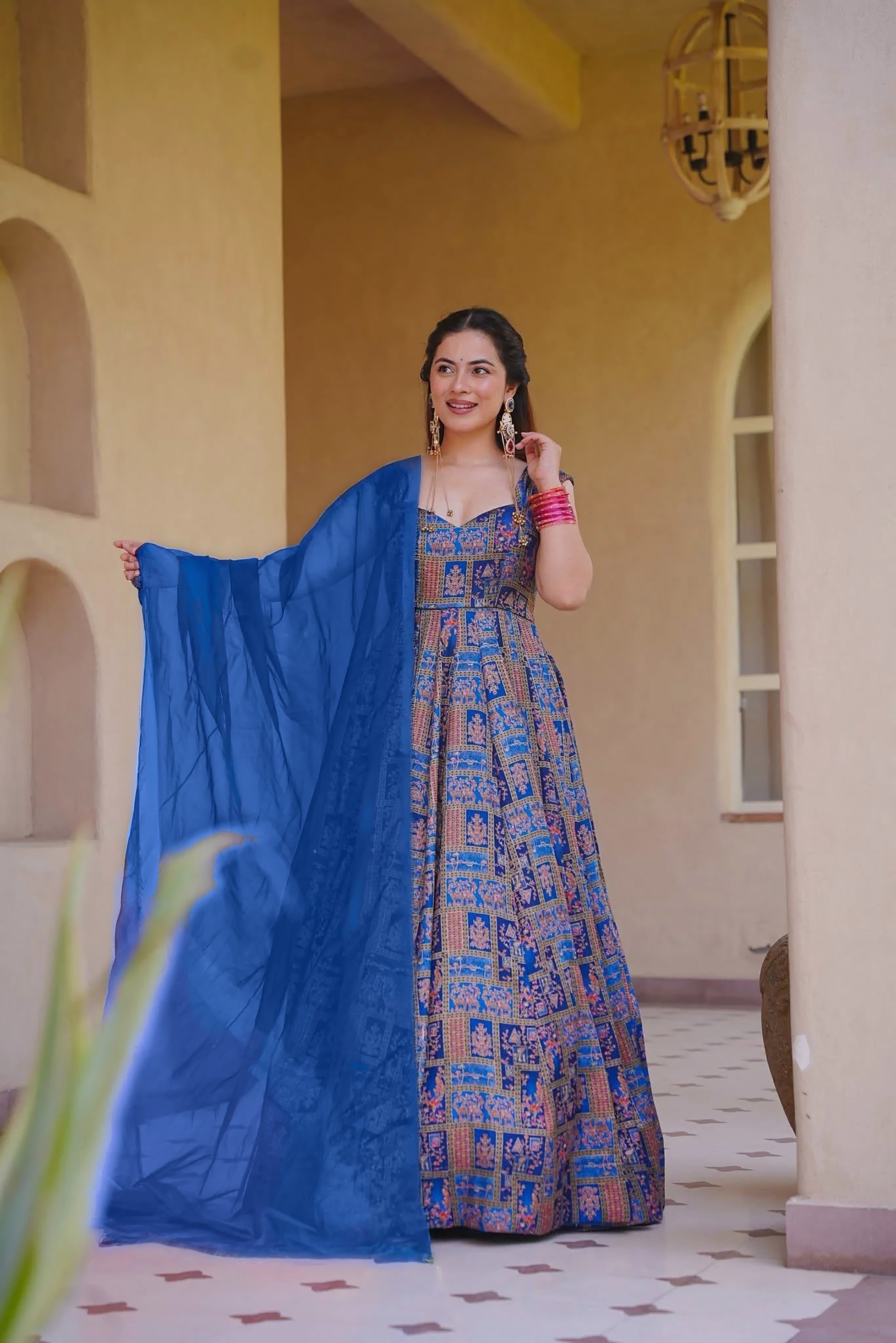 Royal Blue Geometric Digital Print Silk Empire Gown