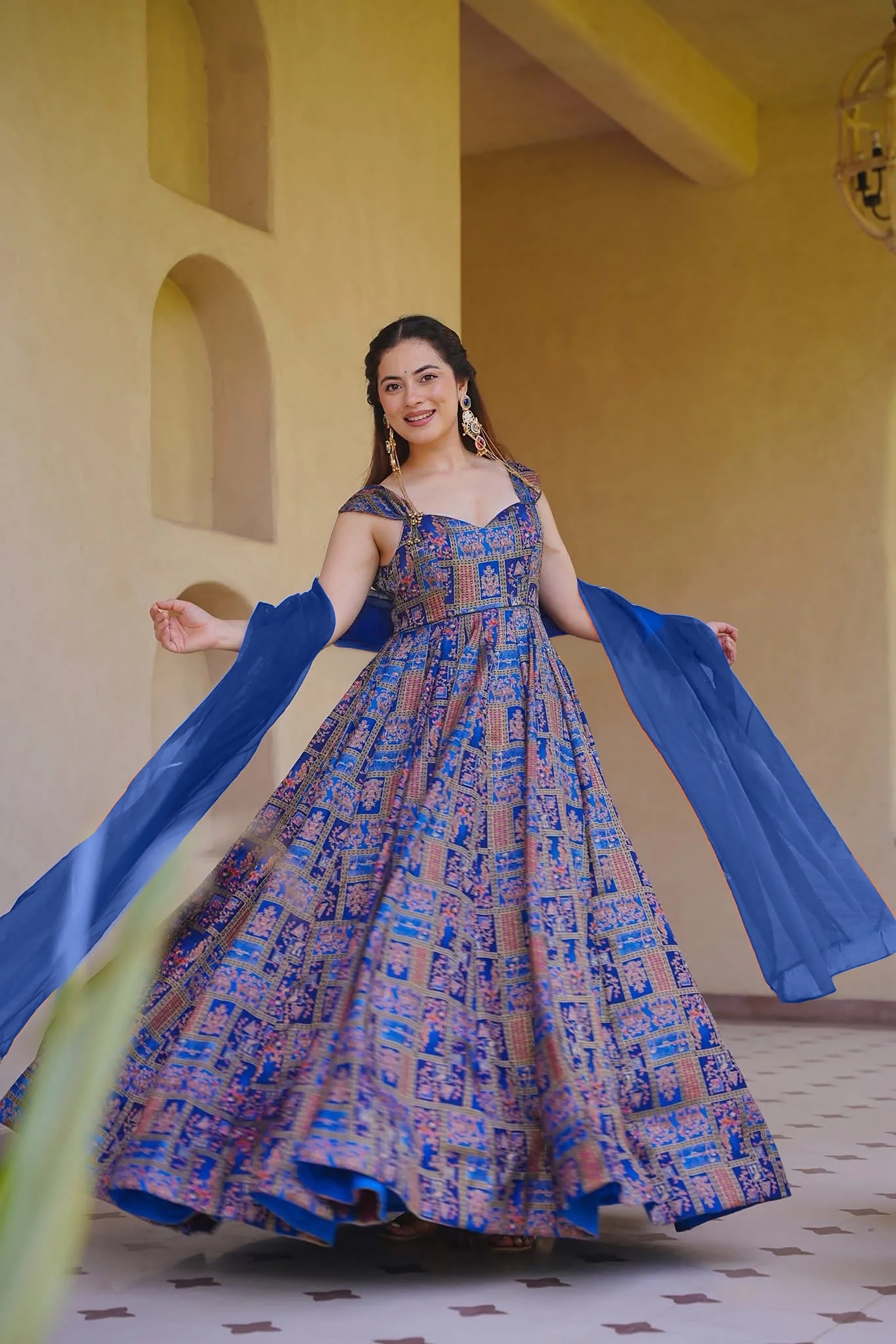 Royal Blue Geometric Digital Print Silk Empire Gown