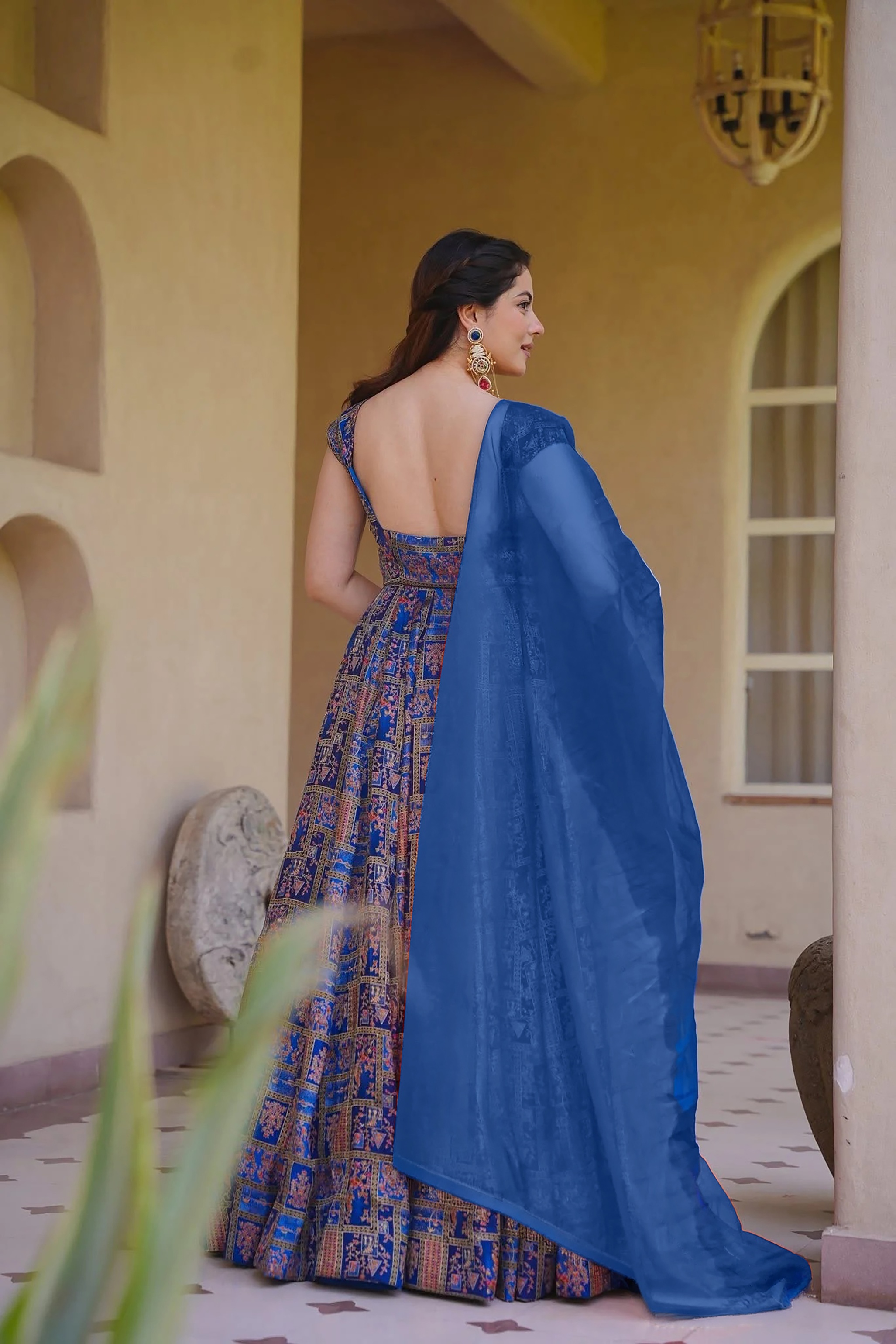 Royal Blue Geometric Digital Print Silk Empire Gown