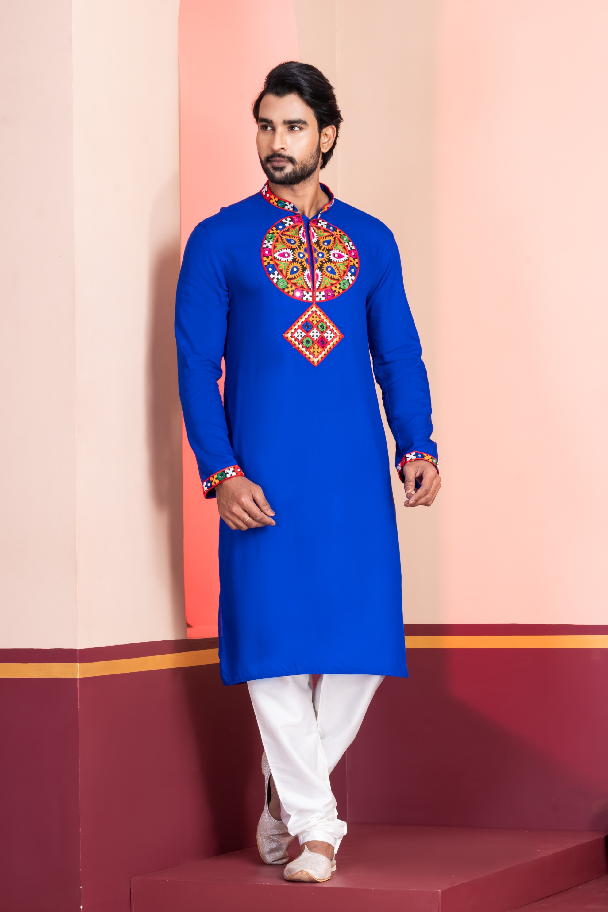 Royal Blue Geometric Embroidery Rayon Kurta Pyjama