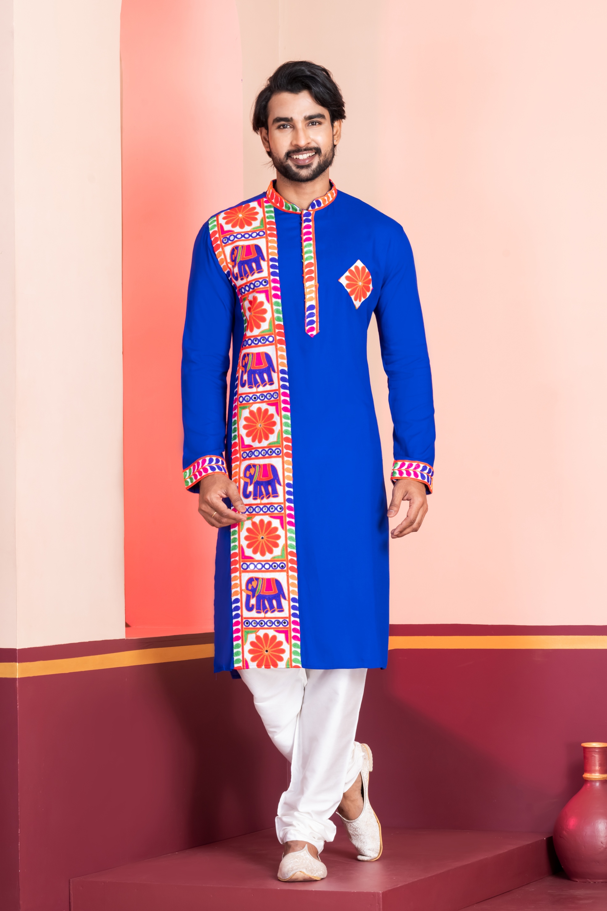 Royal Blue Heritage Embroidered Rayon Kurta Pyjama