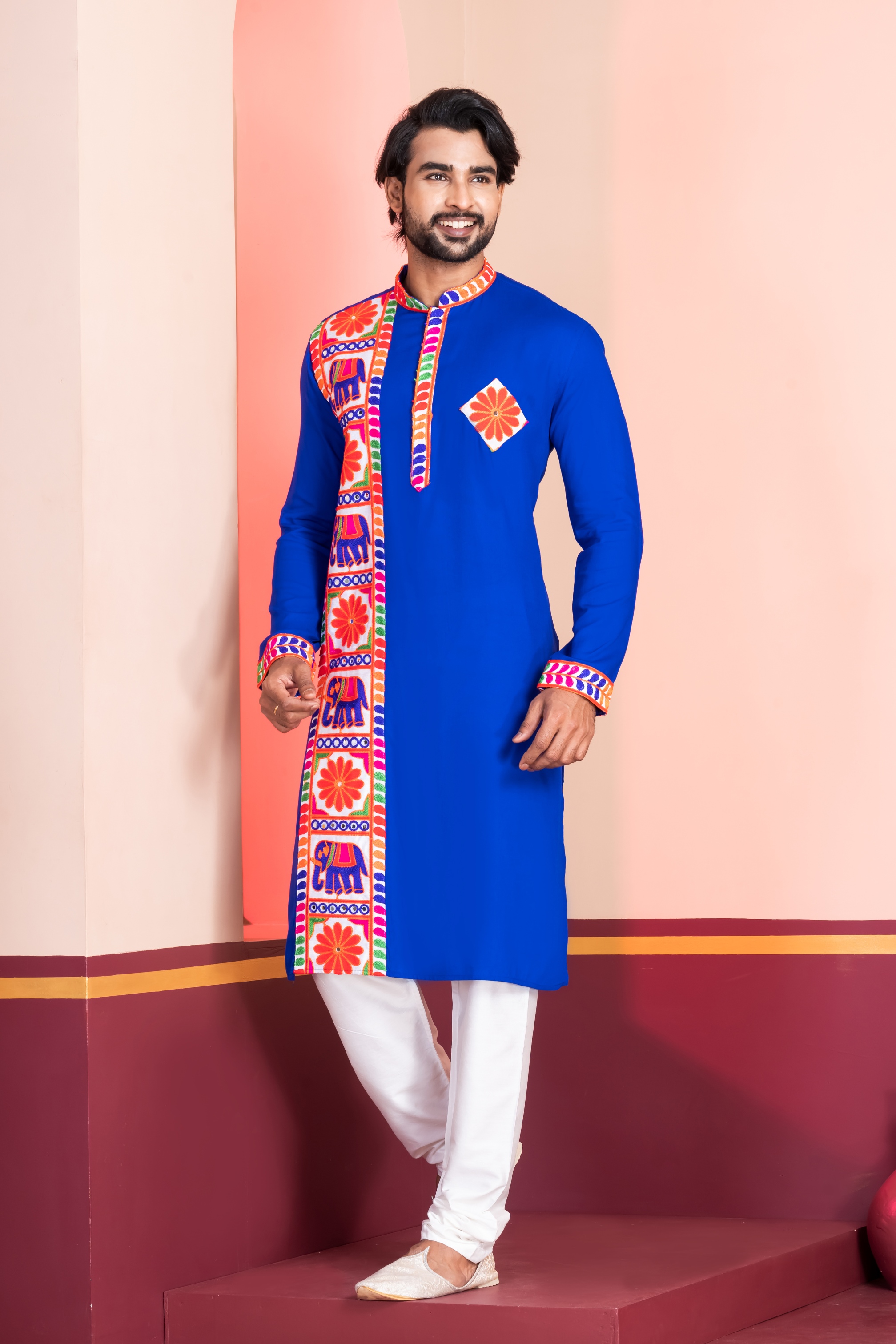Royal Blue Heritage Embroidered Rayon Kurta Pyjama