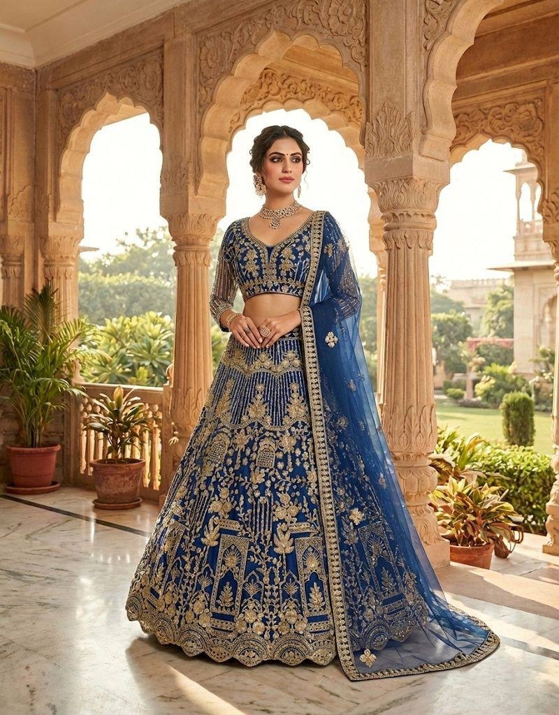 Royal Blue Heritage Motif Sequins Soft Net Lehenga Choli