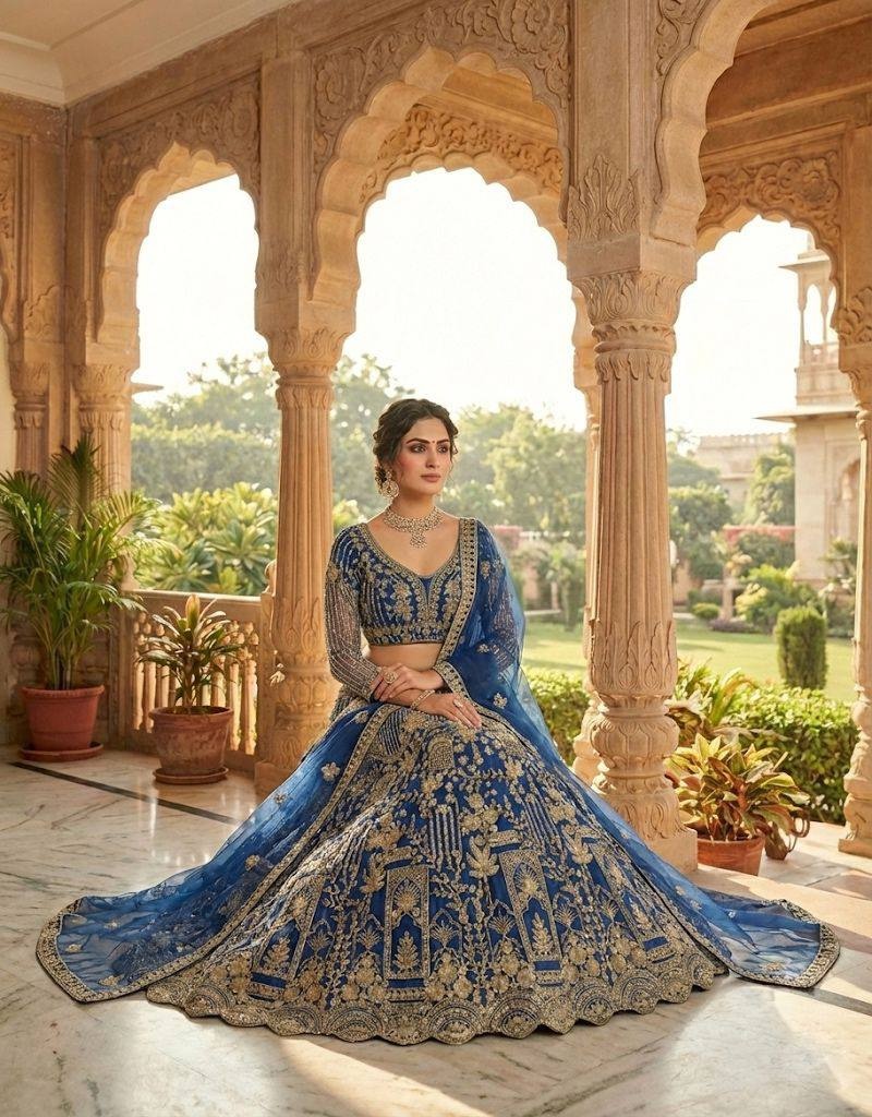 Royal Blue Heritage Motif Sequins Soft Net Lehenga Choli — alternate view