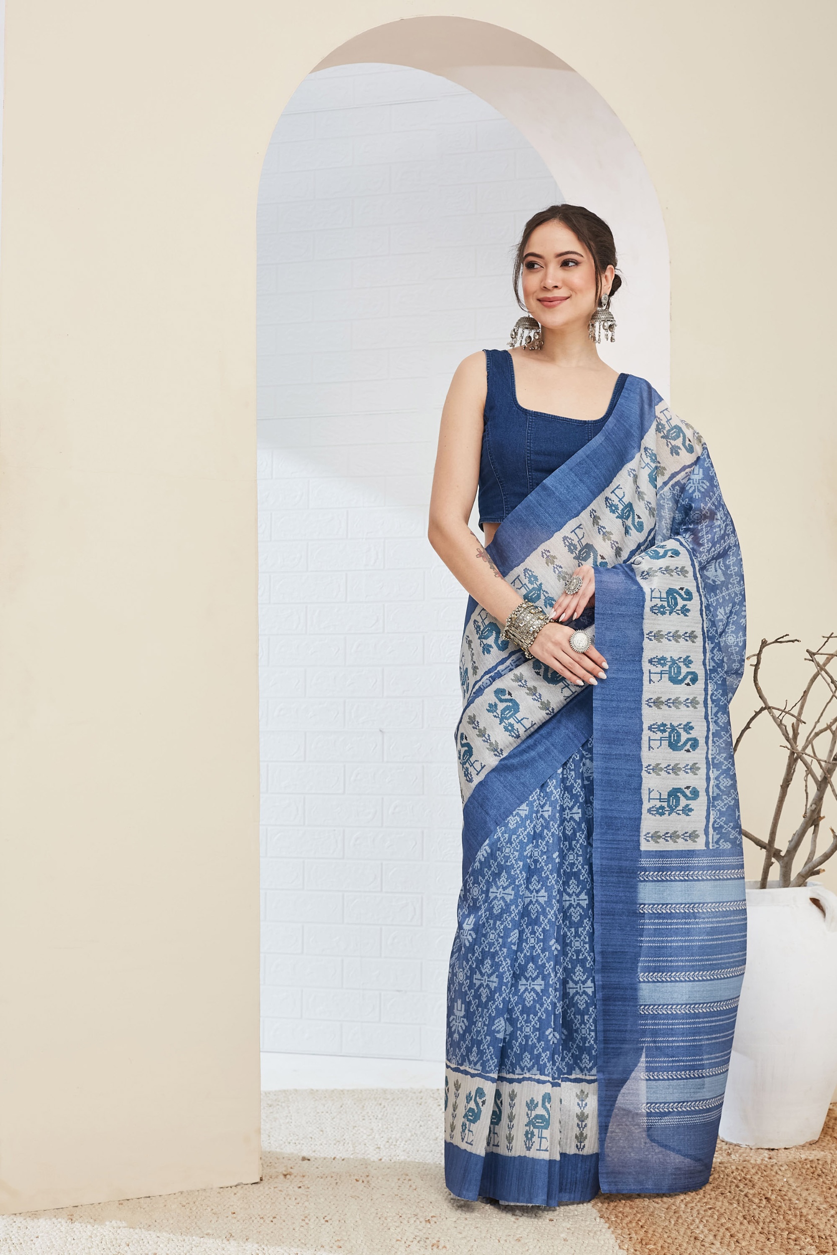 Royal Blue Ikat Printed Silk Blend Ready To Wear Saree