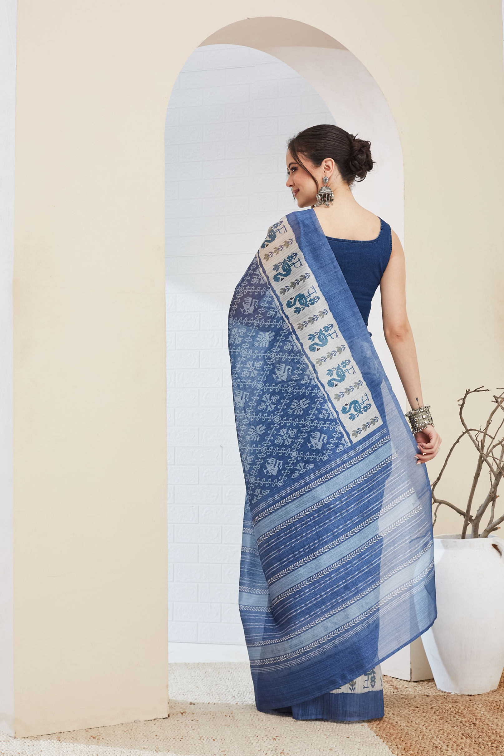 Royal Blue Ikat Printed Silk Blend Ready To Wear Saree — alternate view
